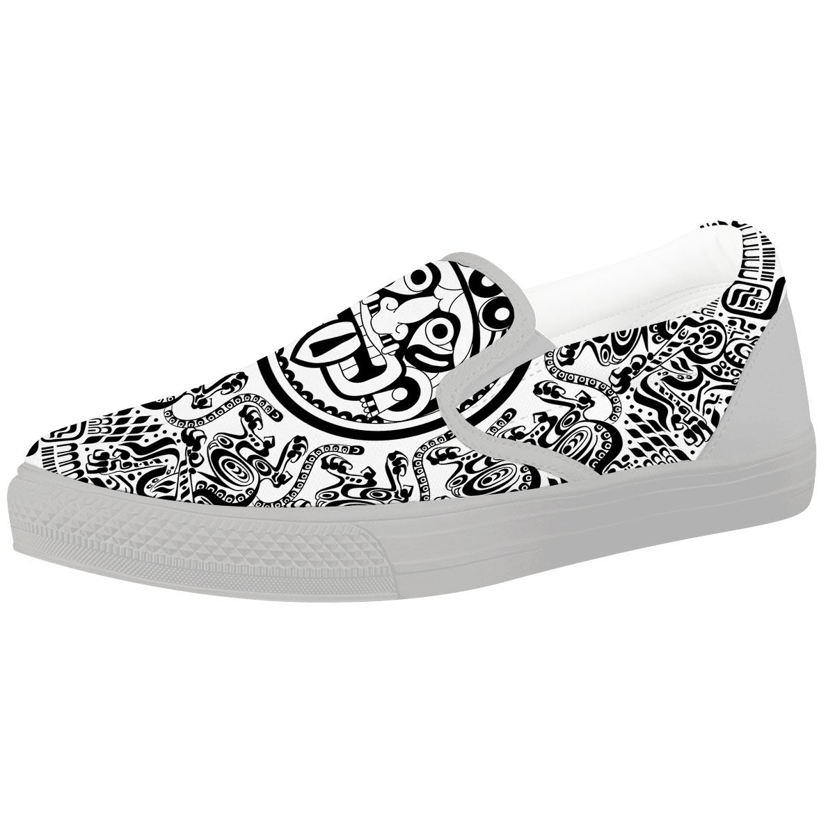 Maya Calendar White And Black Print White Slip On Shoes-grizzshop