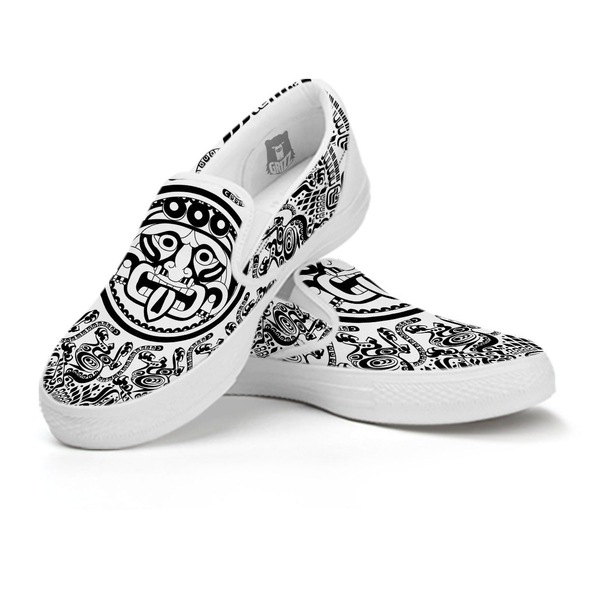 Maya Calendar White And Black Print White Slip On Shoes-grizzshop