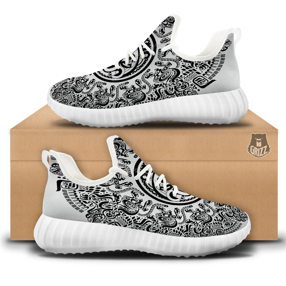 Maya Calendar White And Black Print White Walking Shoes-grizzshop