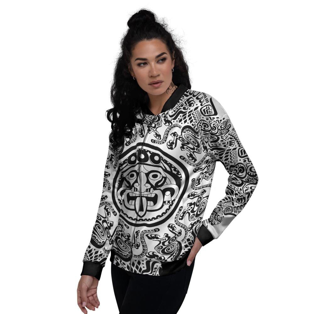 Maya Calendar White And Black Print Women's Bomber Jacket-grizzshop