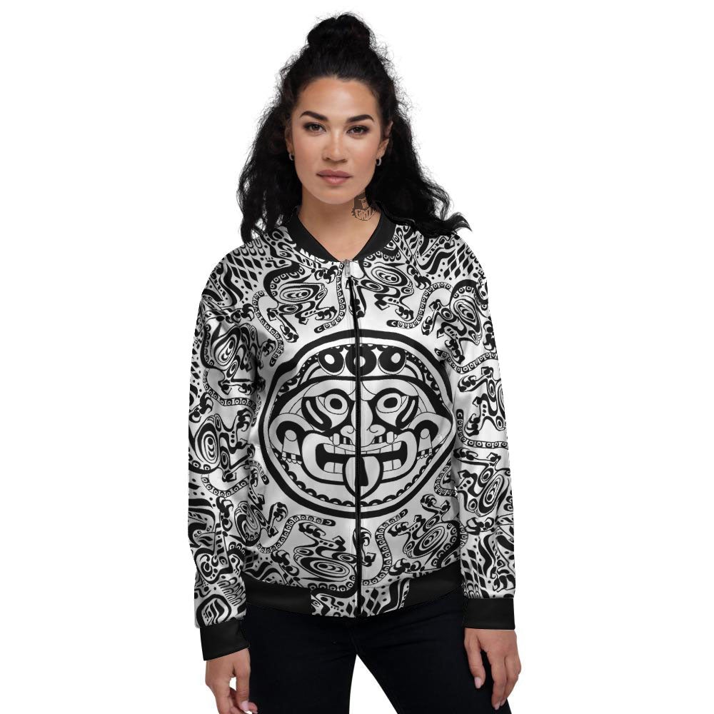 Maya Calendar White And Black Print Women's Bomber Jacket-grizzshop