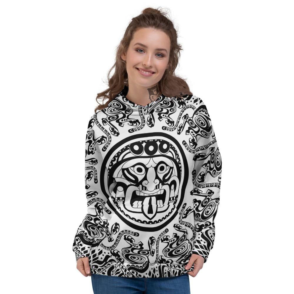Maya Calendar White And Black Print Women's Hoodie-grizzshop