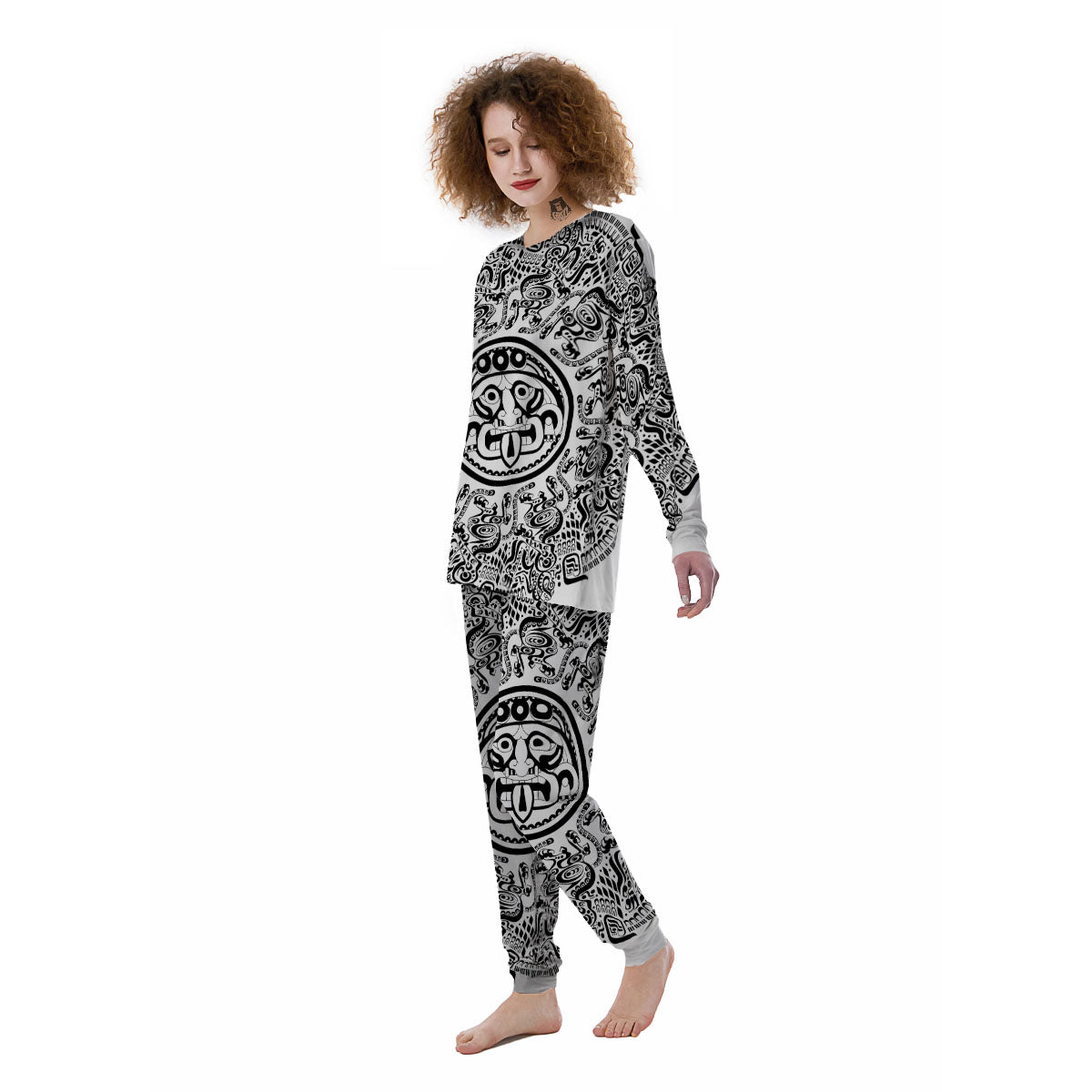 Maya Calendar White And Black Print Women's Pajamas-grizzshop