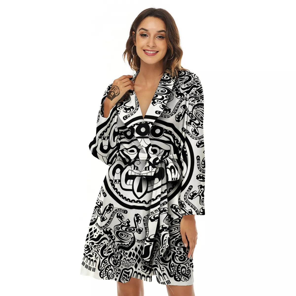 Maya Calendar White And Black Print Women's Robe-grizzshop
