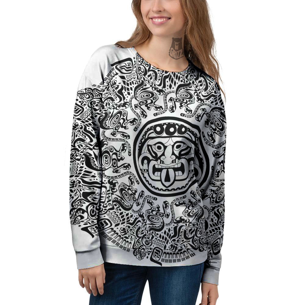 Maya Calendar White And Black Print Women's Sweatshirt-grizzshop