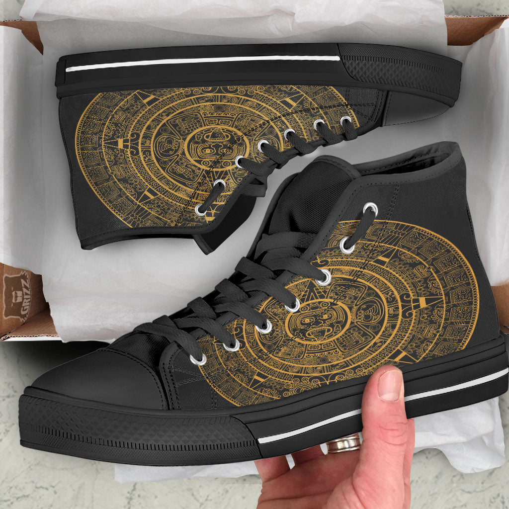 Maya Calendar Yellow And Black Print Black High Top Shoes-grizzshop