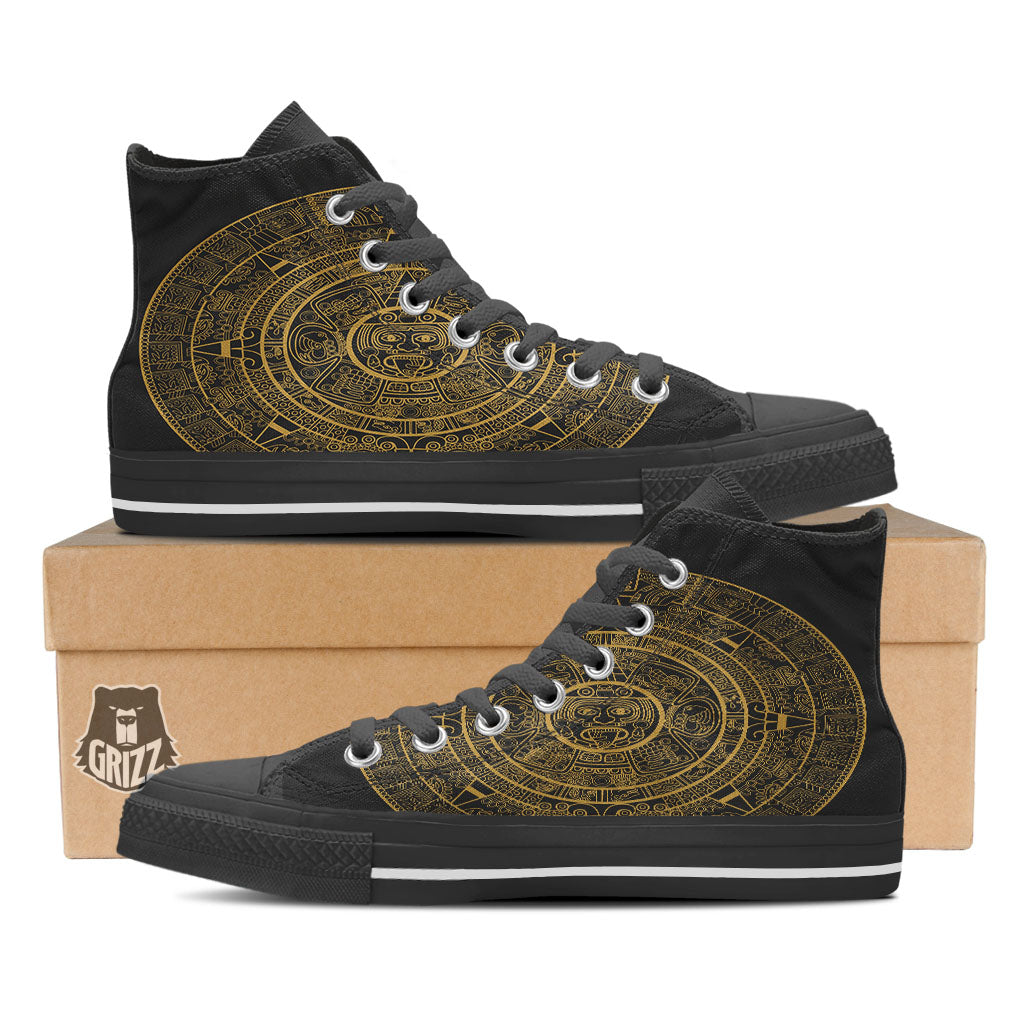 Maya Calendar Yellow And Black Print Black High Top Shoes-grizzshop