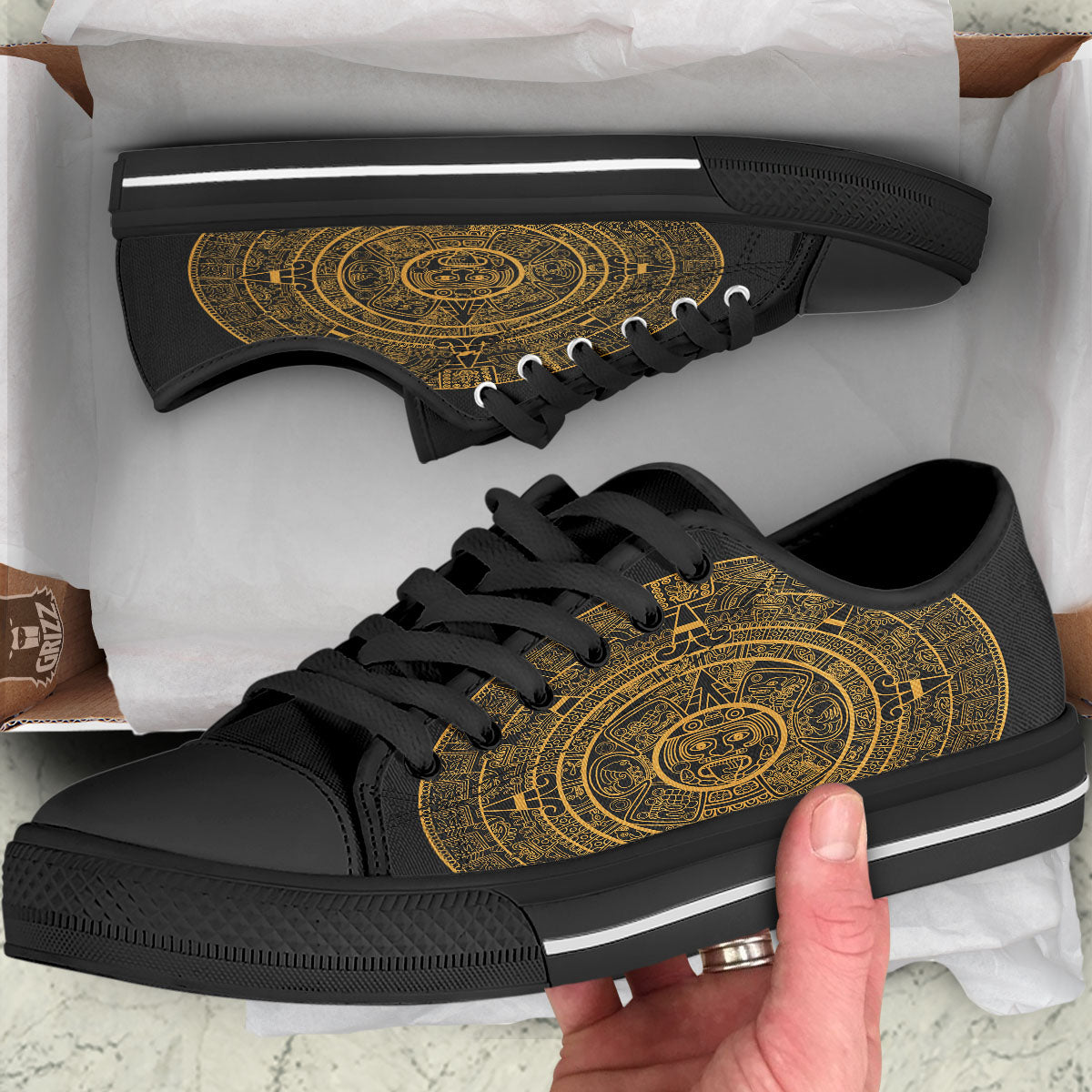 Maya Calendar Yellow And Black Print Black Low Top Shoes-grizzshop