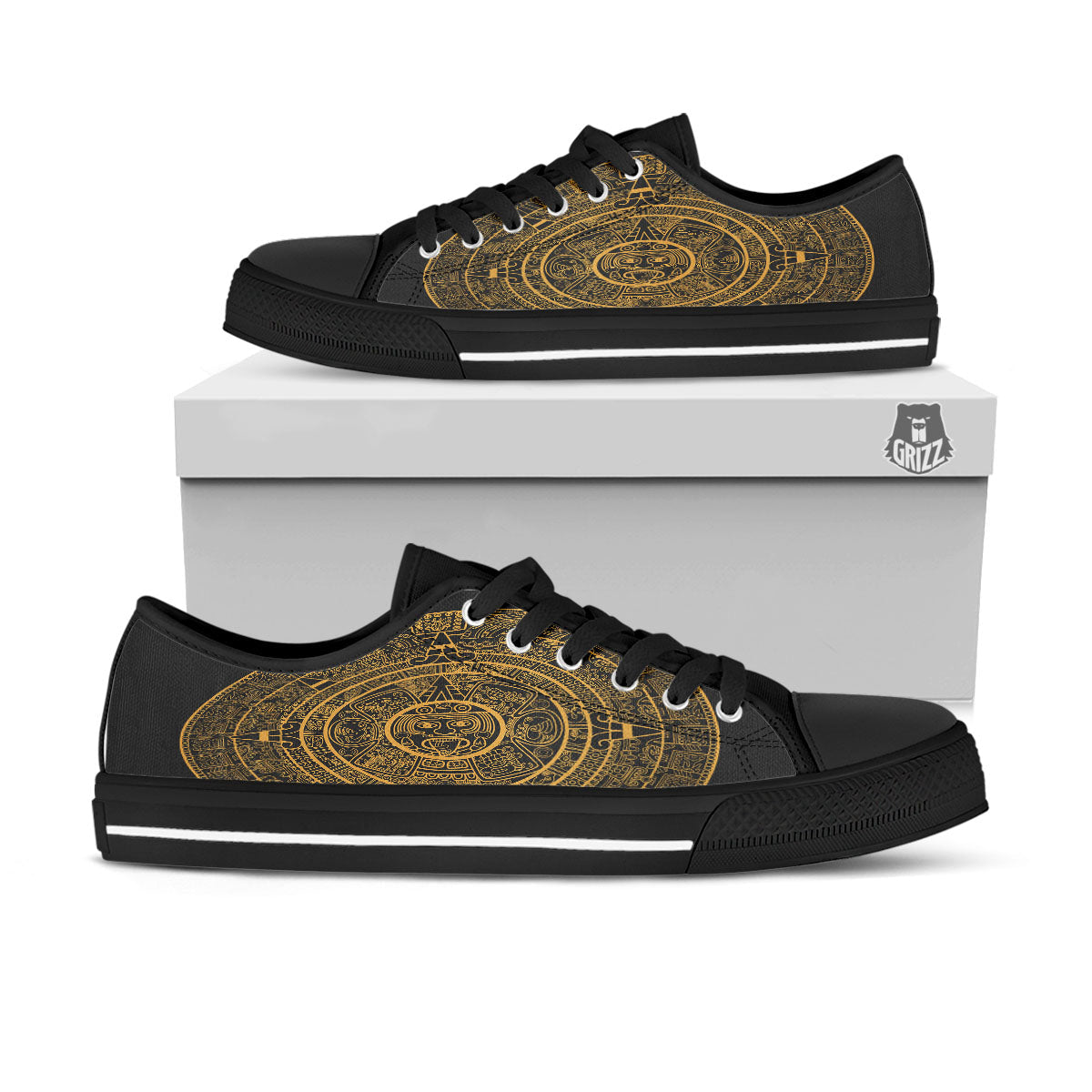 Maya Calendar Yellow And Black Print Black Low Top Shoes-grizzshop