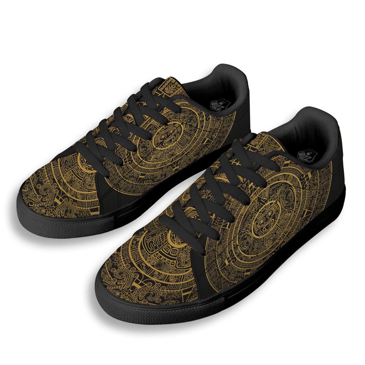 Maya Calendar Yellow And Black Print Black Low Top Sneakers-grizzshop
