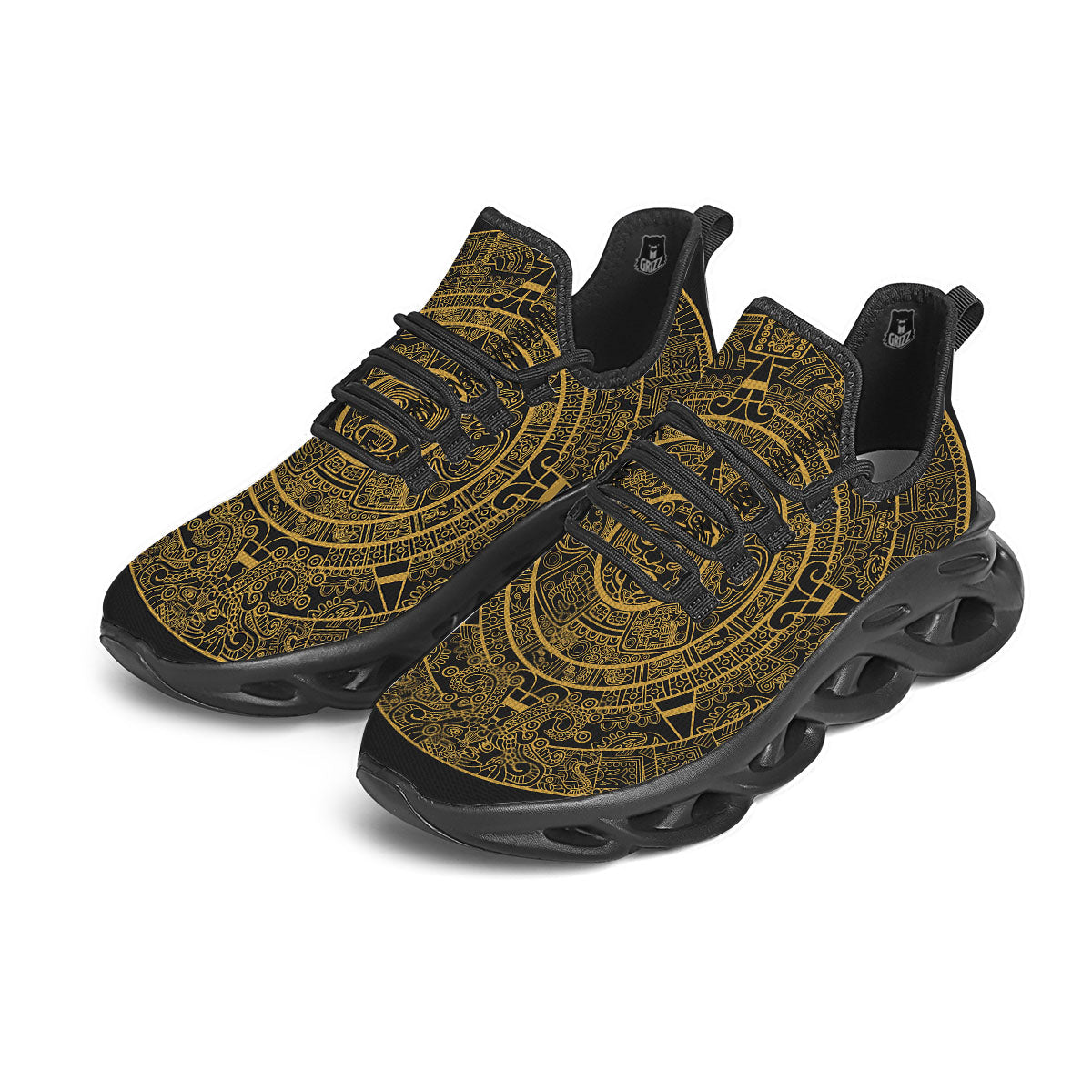 Maya Calendar Yellow And Black Print Black Running Shoes-grizzshop