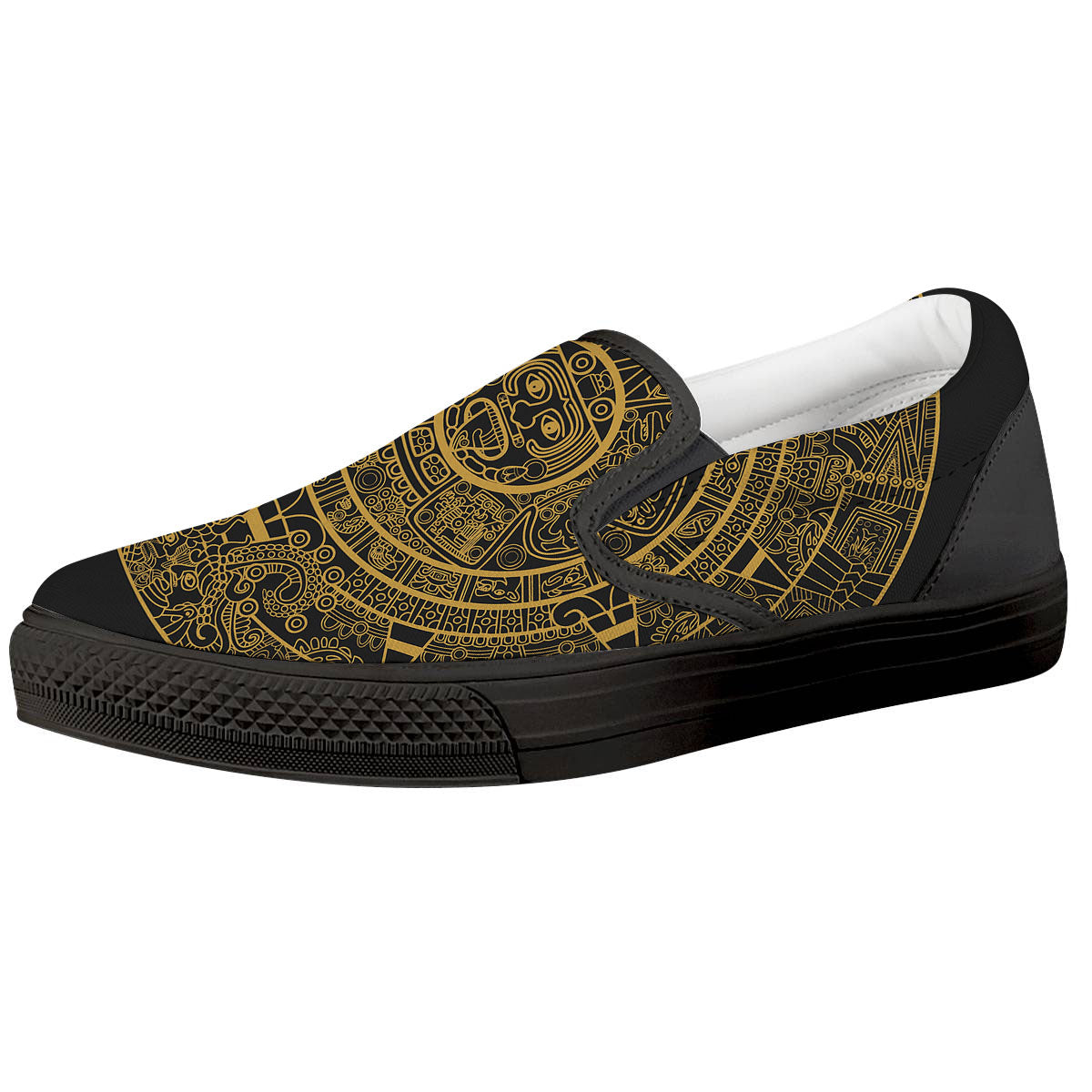 Maya Calendar Yellow And Black Print Black Slip On Shoes-grizzshop