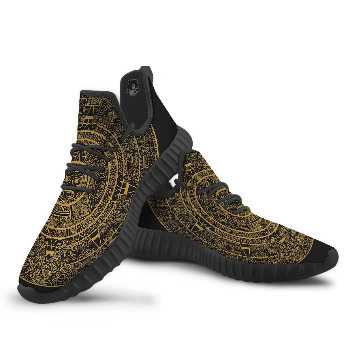 Maya Calendar Yellow And Black Print Black Walking Shoes-grizzshop