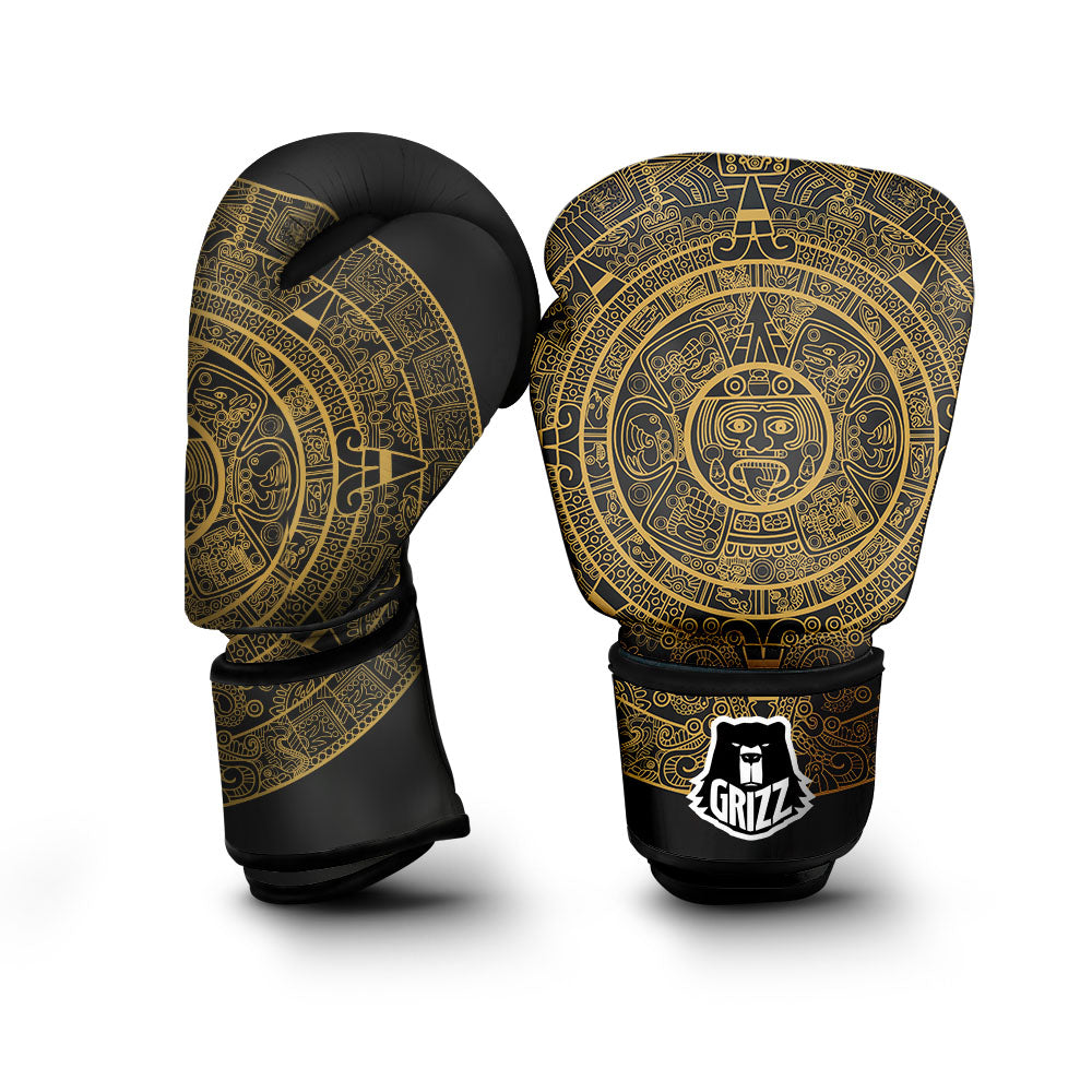 Maya Calendar Yellow And Black Print Boxing Gloves-grizzshop