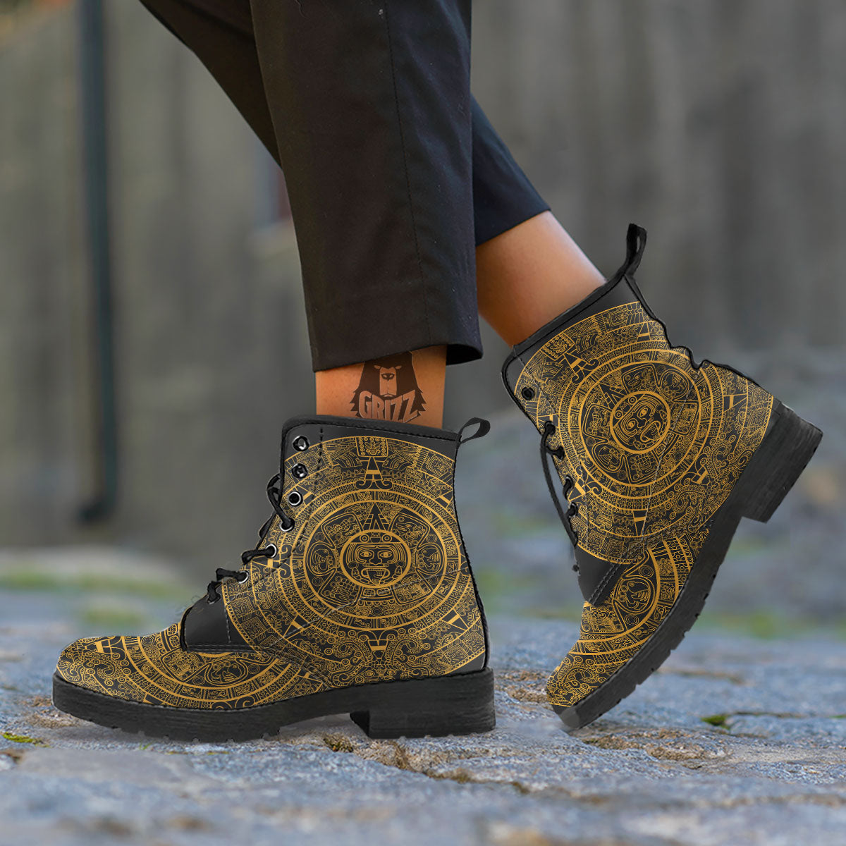 Maya Calendar Yellow And Black Print Leather Boots-grizzshop