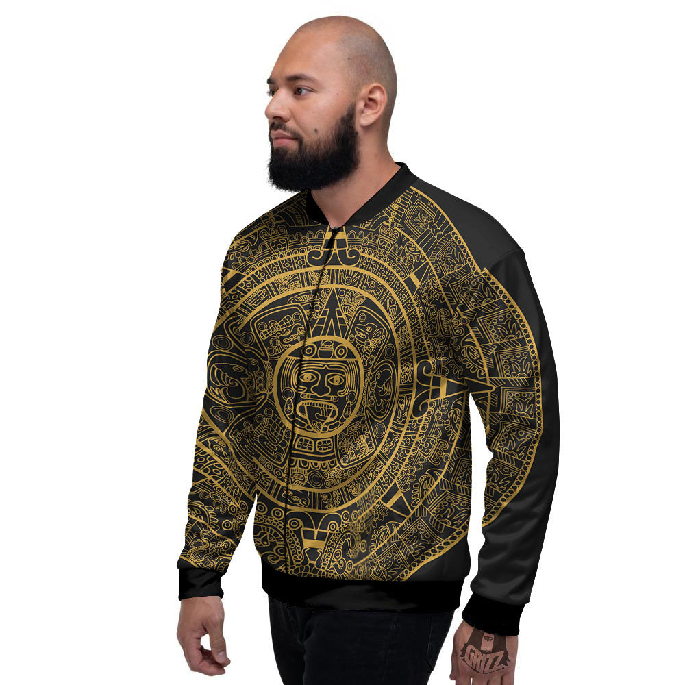 Maya Calendar Yellow And Black Print Men's Bomber Jacket-grizzshop