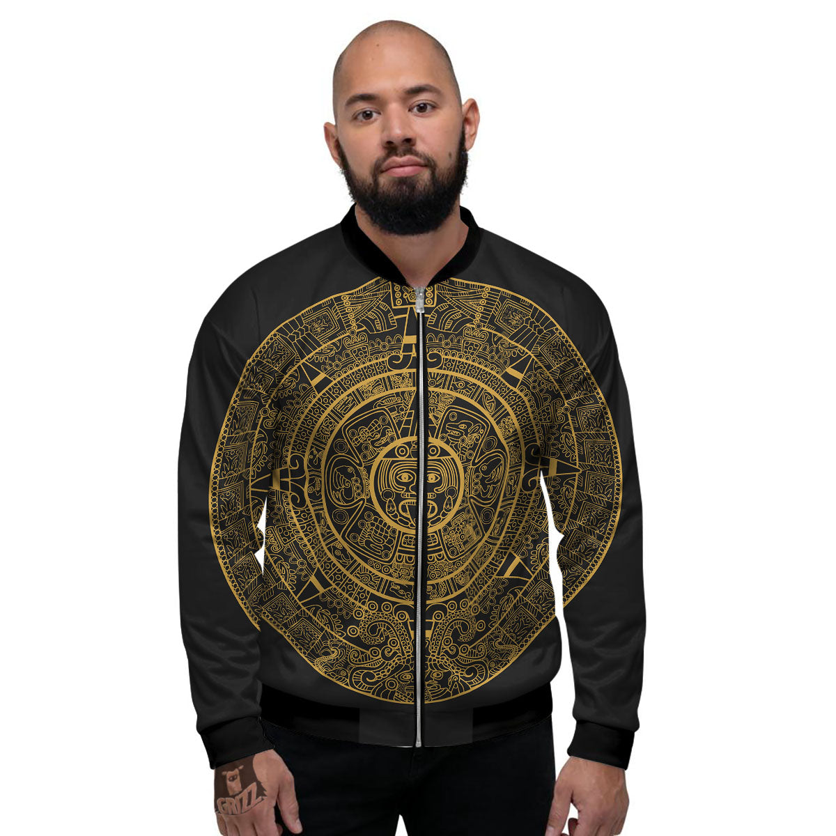 Maya Calendar Yellow And Black Print Men's Bomber Jacket-grizzshop