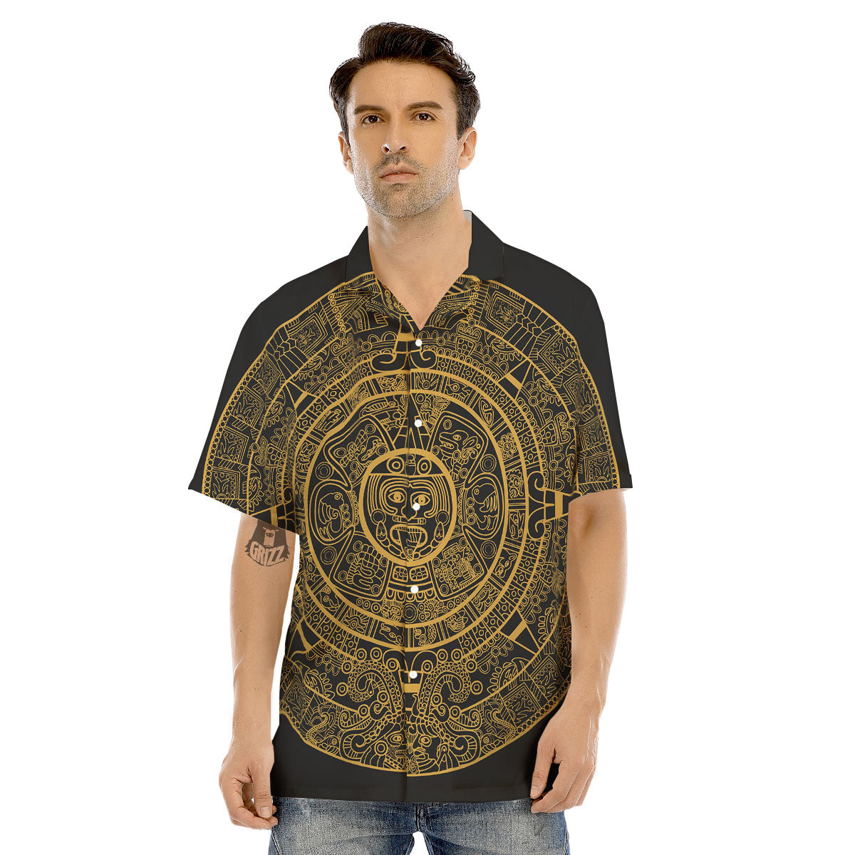 Maya Calendar Yellow And Black Print Men's Hawaiian Shirt-grizzshop