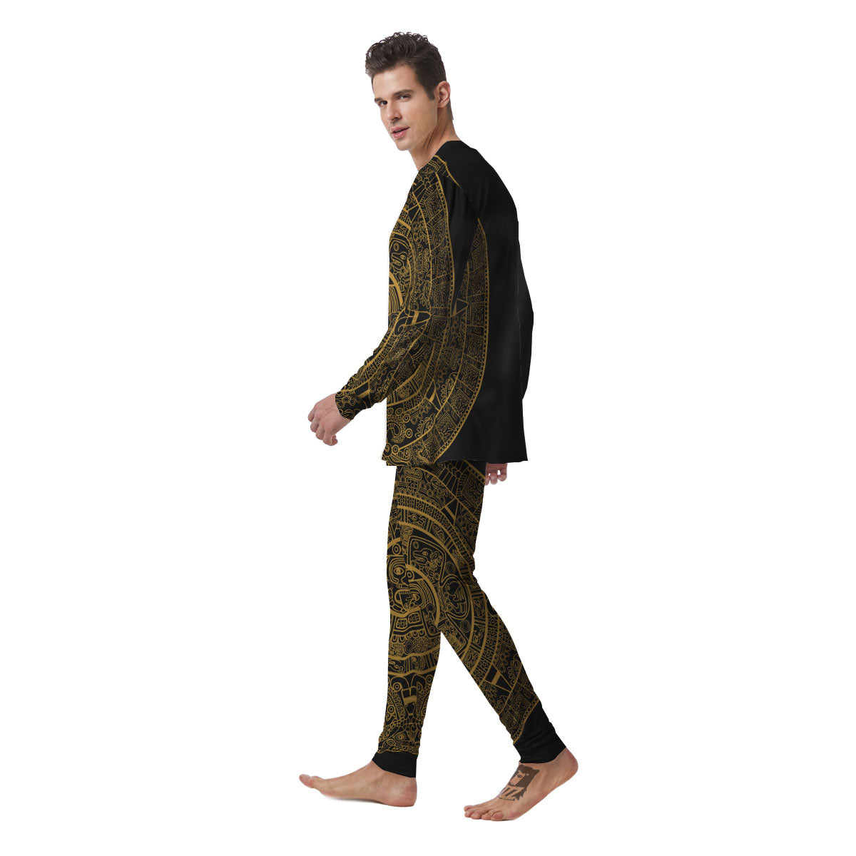 Maya Calendar Yellow And Black Print Men's Pajamas-grizzshop