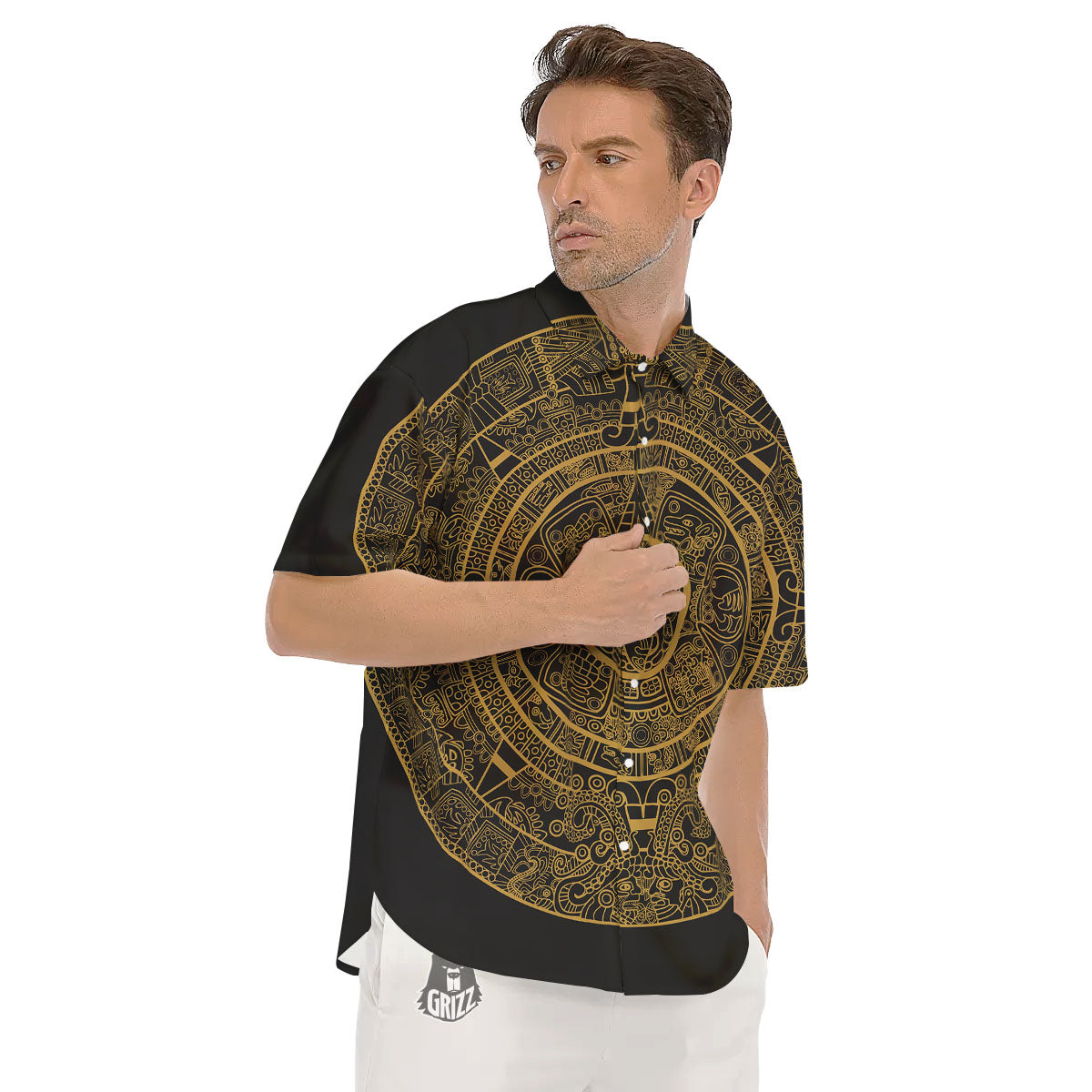 Maya Calendar Yellow And Black Print Men's Short Sleeve Shirts-grizzshop