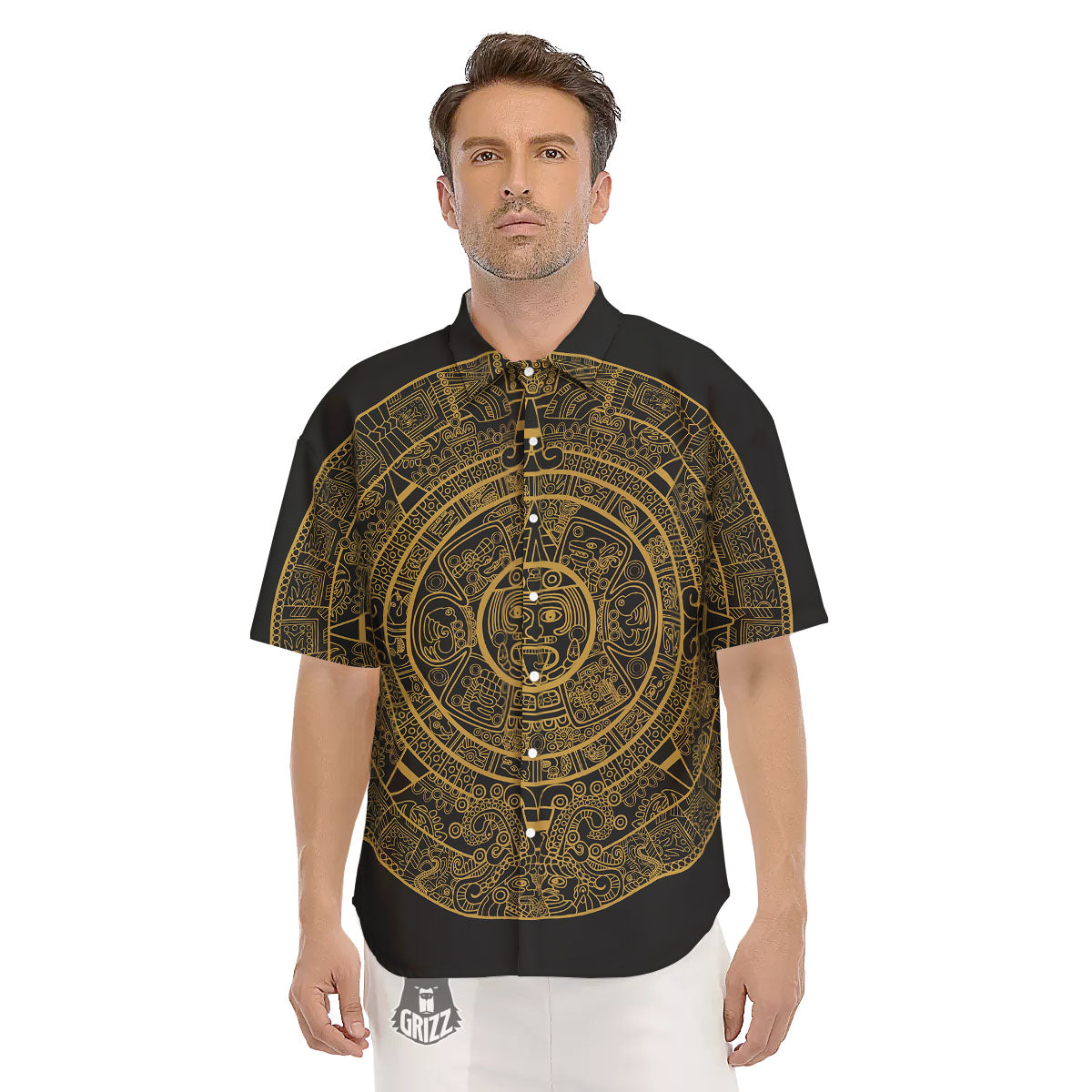 Maya Calendar Yellow And Black Print Men's Short Sleeve Shirts-grizzshop