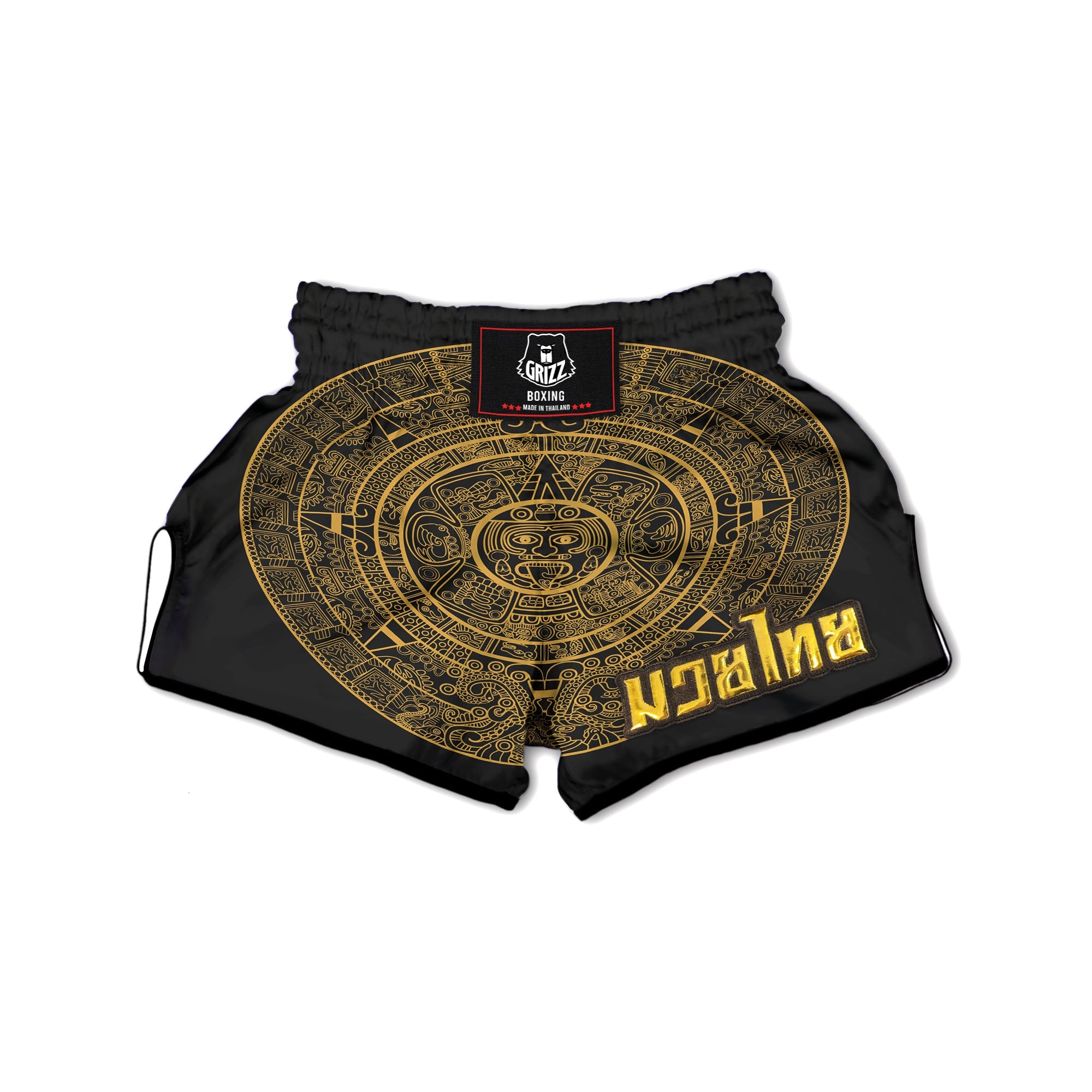 Maya Calendar Yellow And Black Print Muay Thai Boxing Shorts-grizzshop