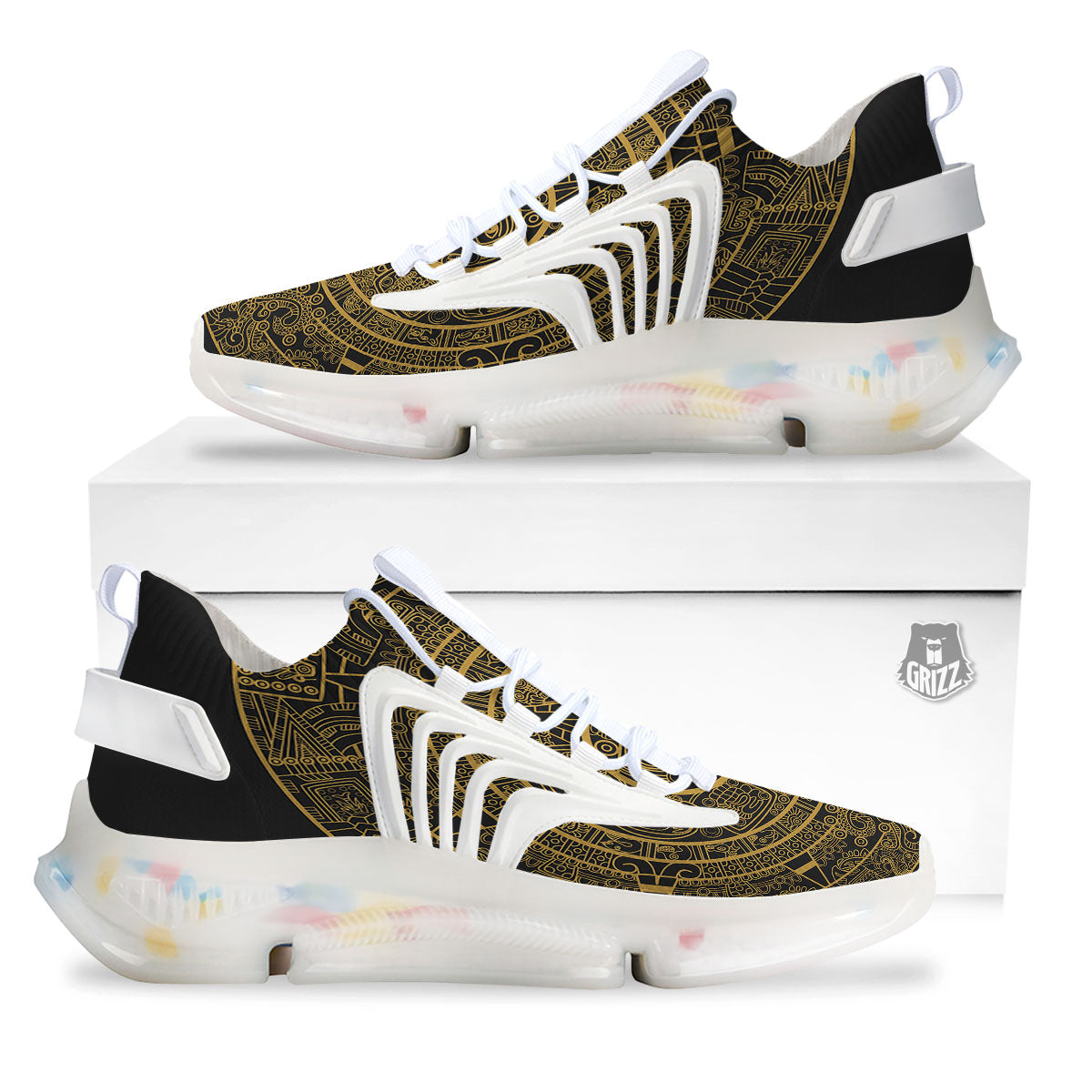 Maya Calendar Yellow And Black Print White Gym Shoes-grizzshop