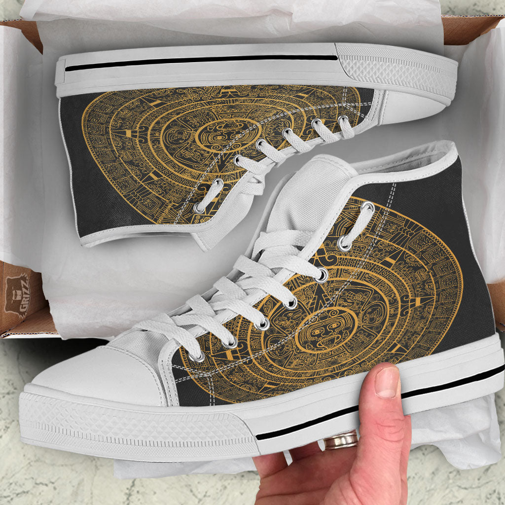 Maya Calendar Yellow And Black Print White High Top Shoes-grizzshop