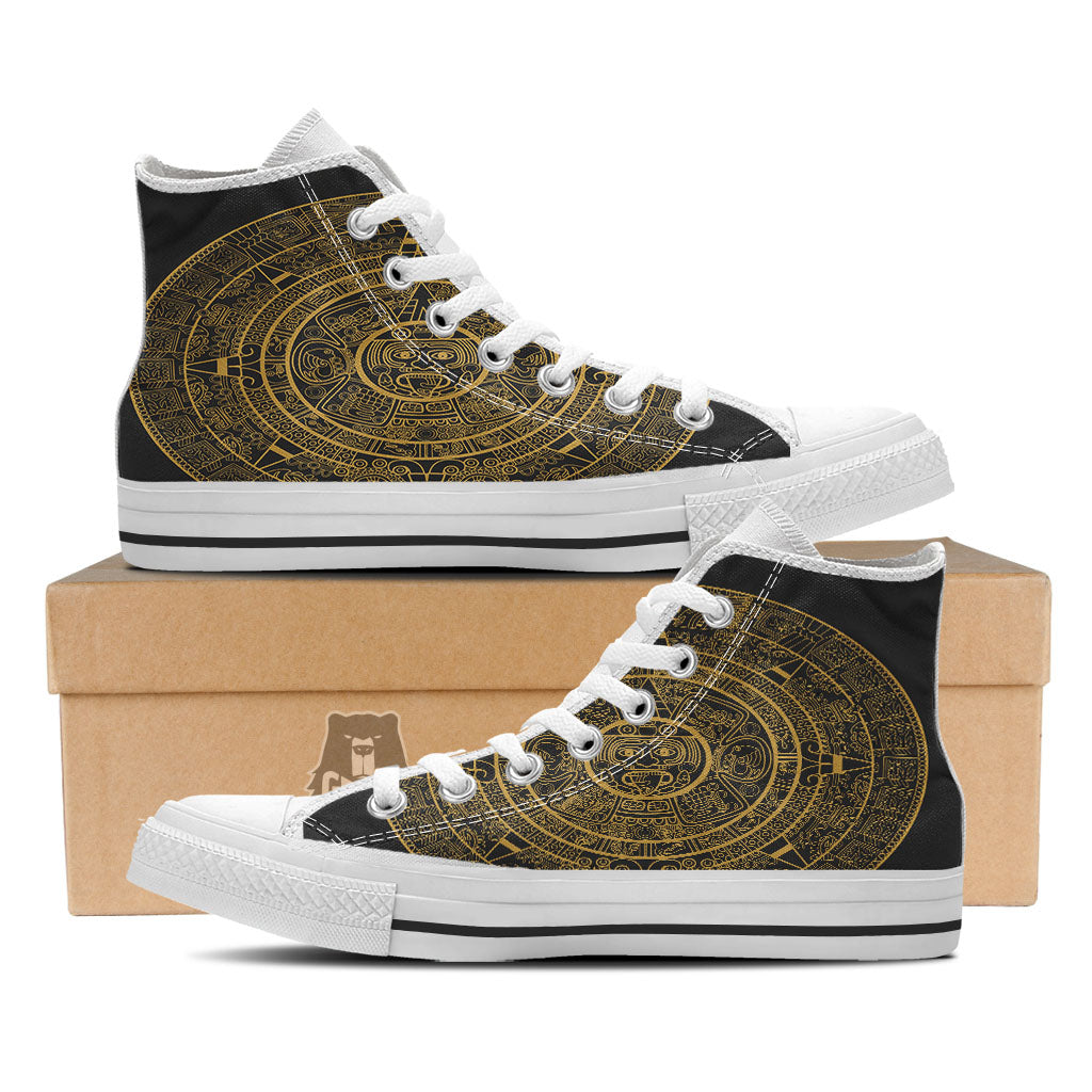 Maya Calendar Yellow And Black Print White High Top Shoes-grizzshop