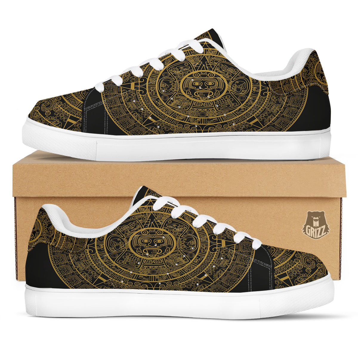 Maya Calendar Yellow And Black Print White Low Top Sneakers-grizzshop