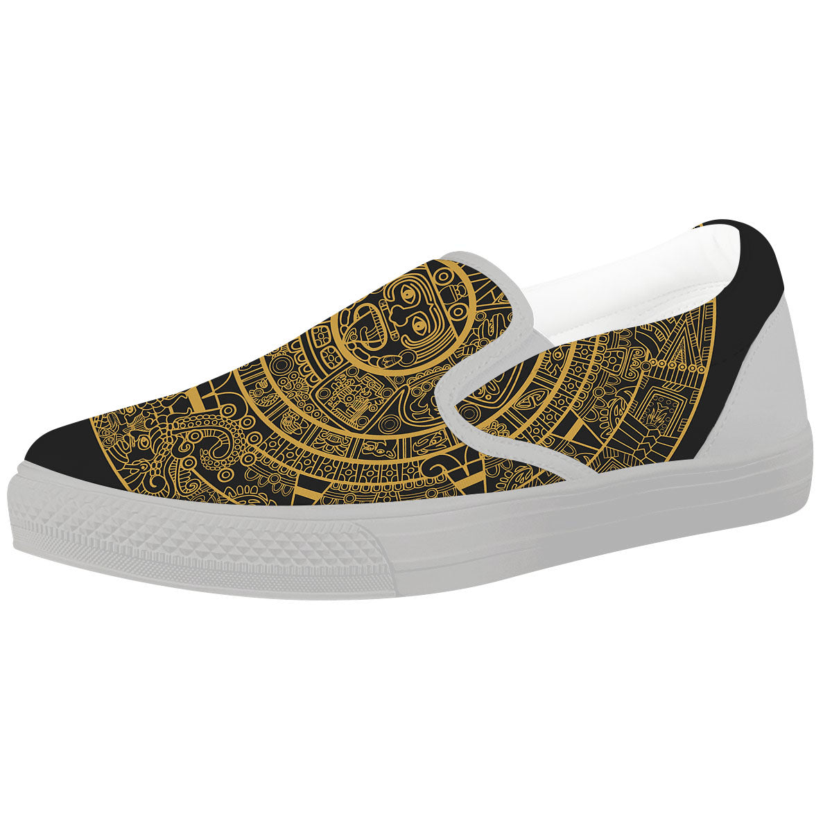 Maya Calendar Yellow And Black Print White Slip On Shoes-grizzshop