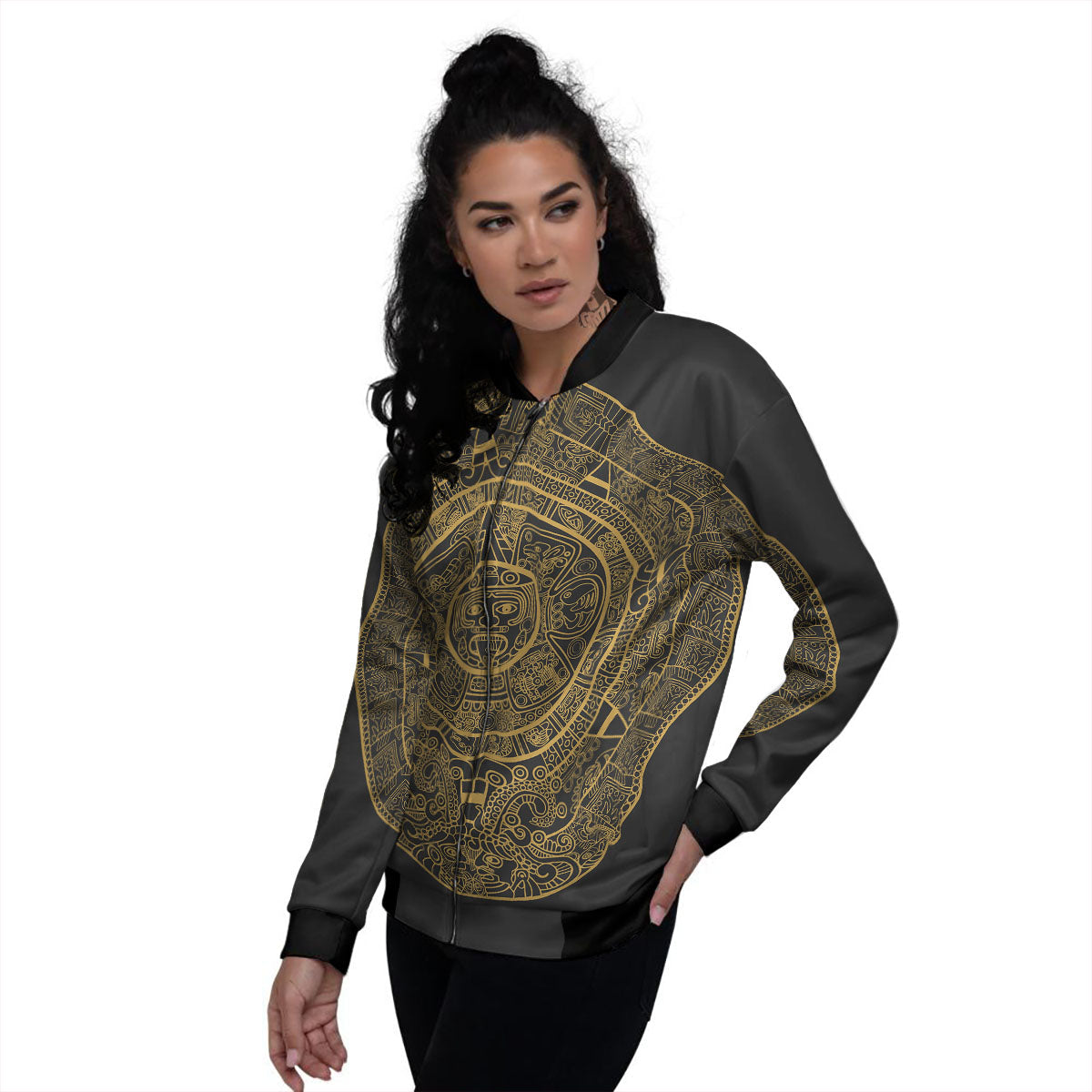 Maya Calendar Yellow And Black Print Women's Bomber Jacket-grizzshop