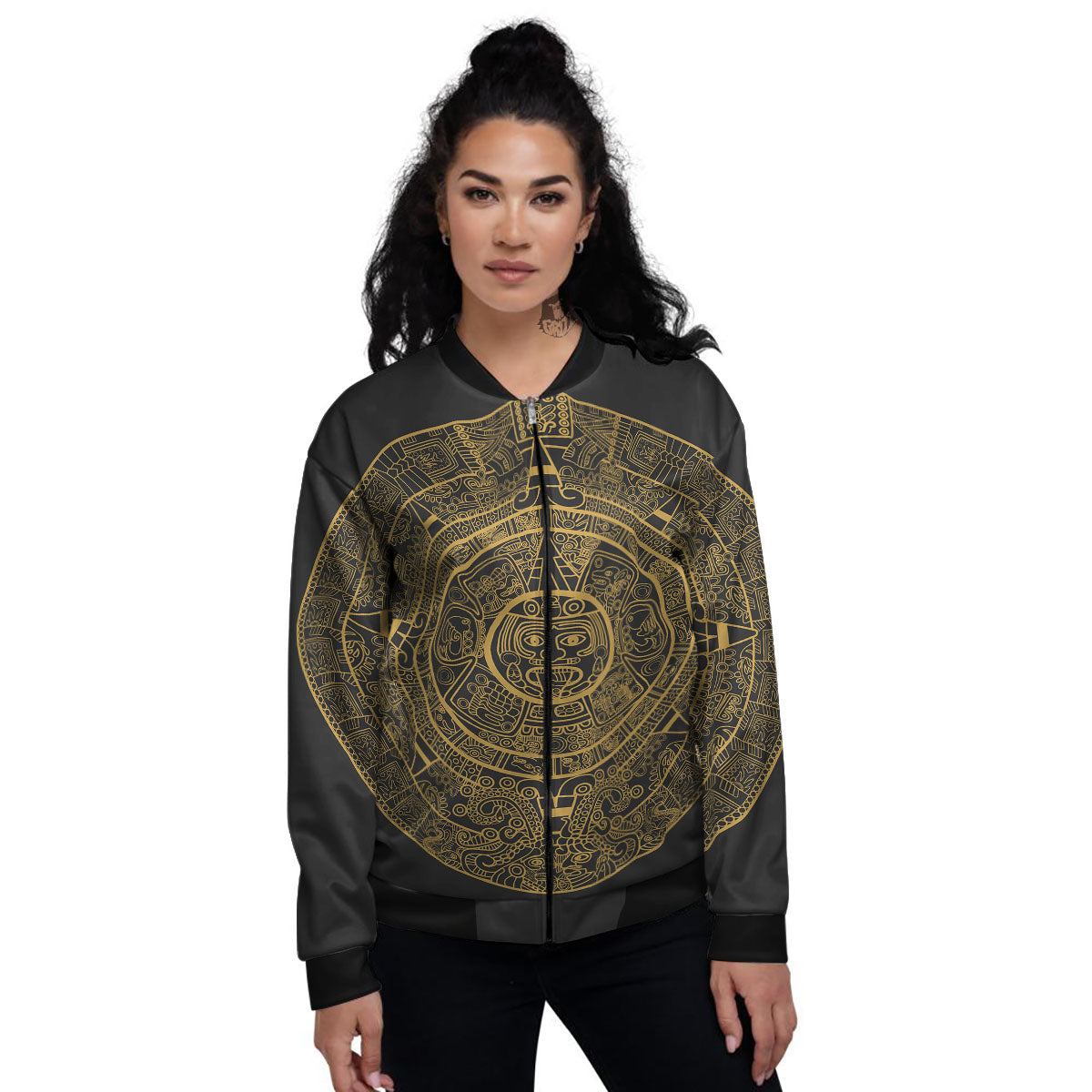 Maya Calendar Yellow And Black Print Women's Bomber Jacket-grizzshop
