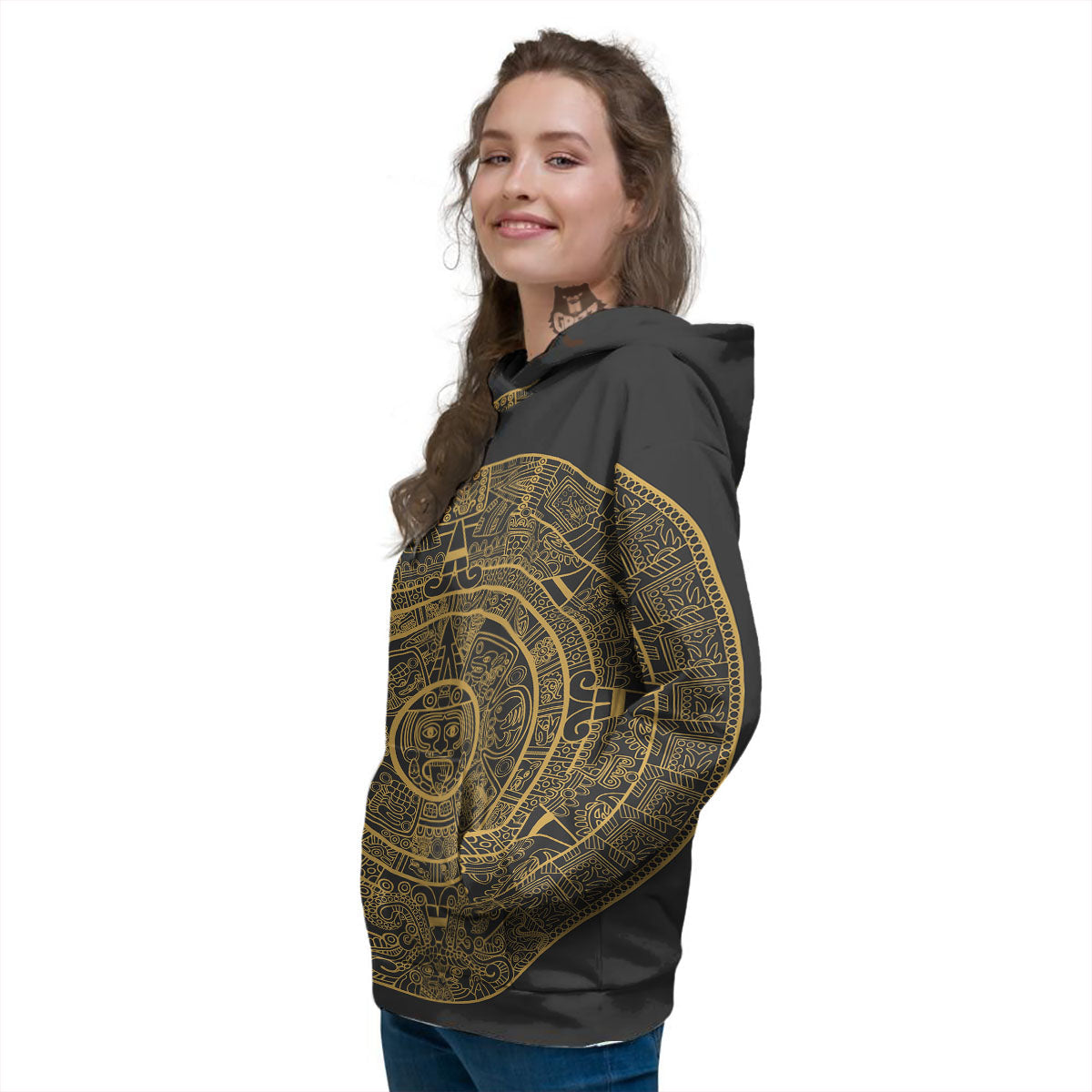 Maya Calendar Yellow And Black Print Women's Hoodie-grizzshop