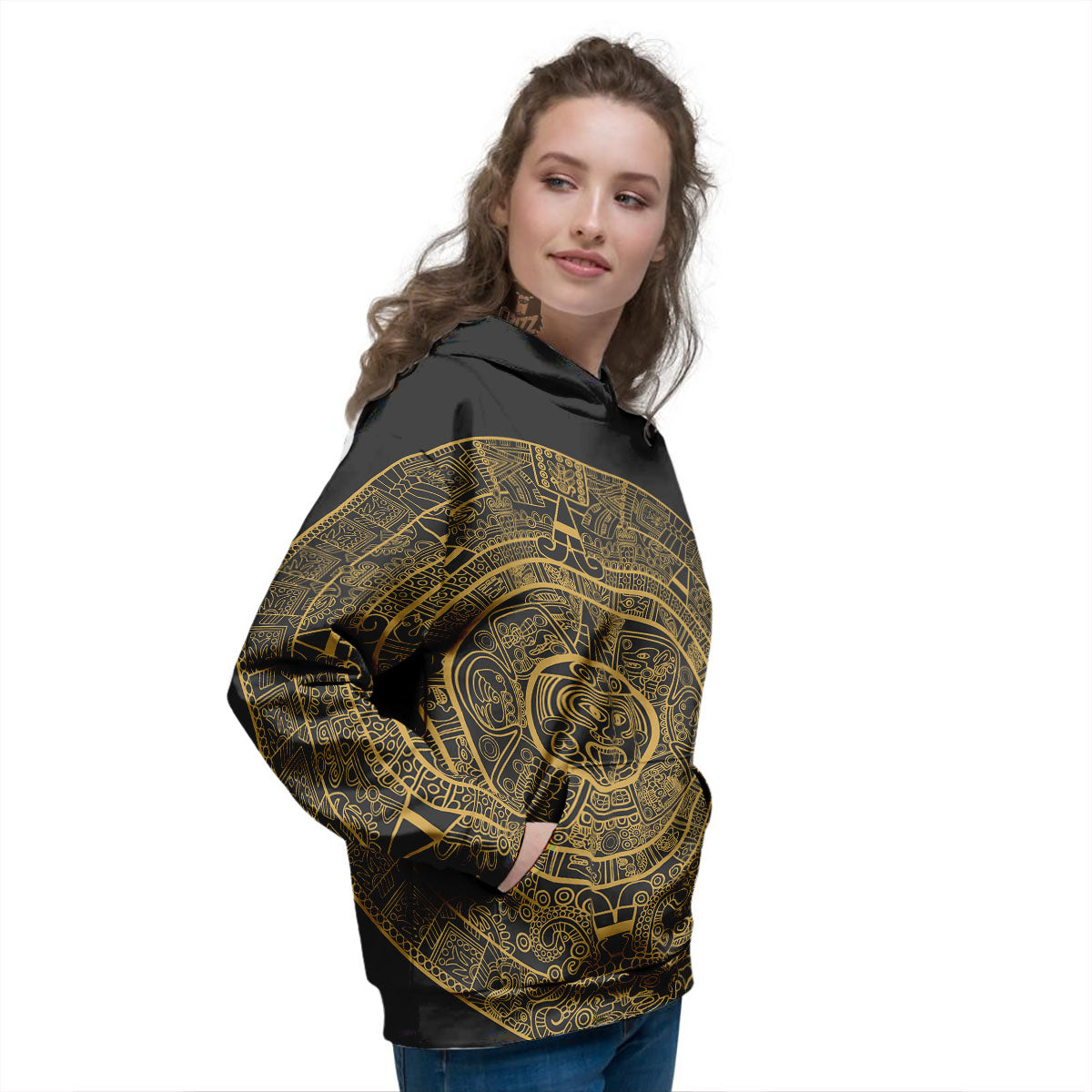 Maya Calendar Yellow And Black Print Women's Hoodie-grizzshop