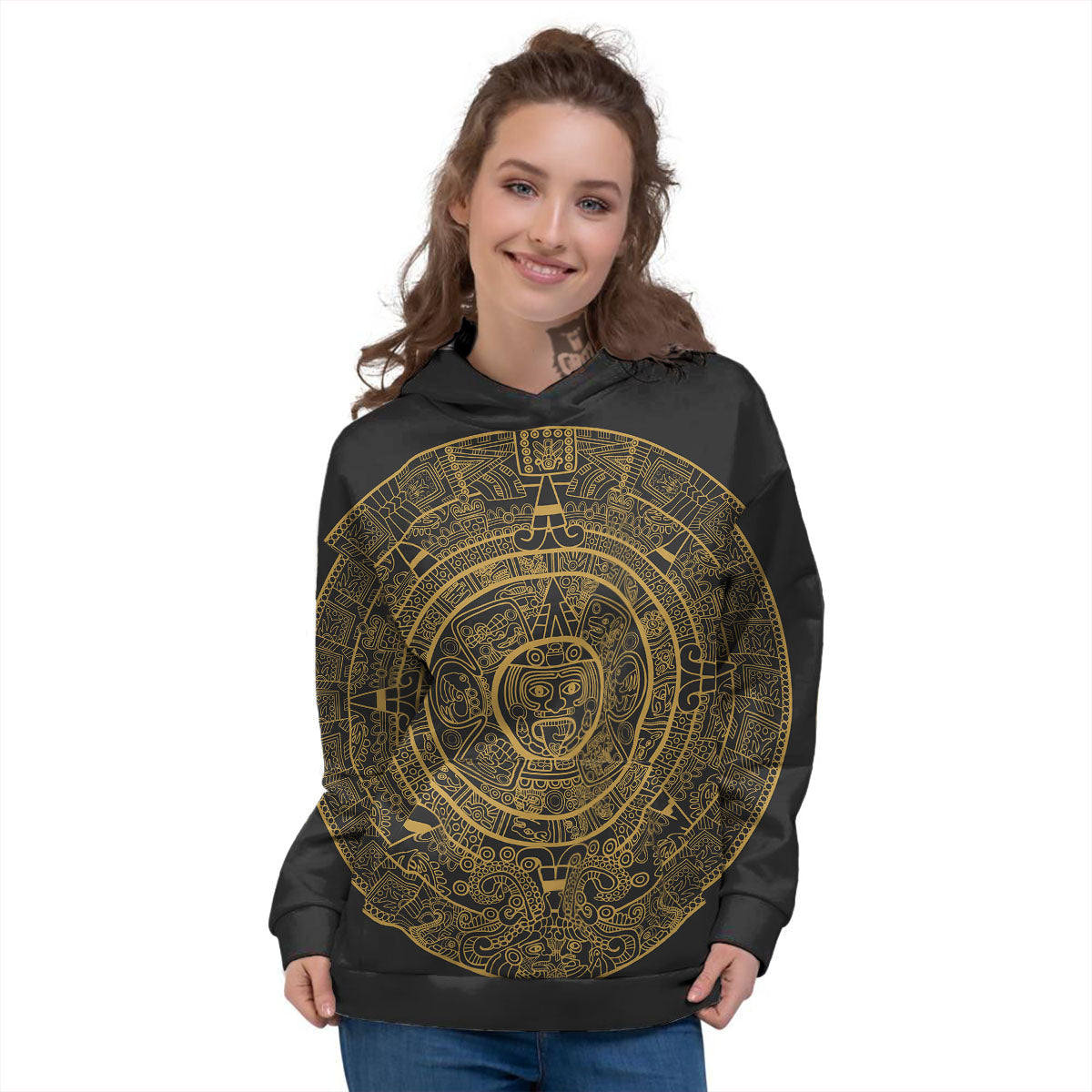 Maya Calendar Yellow And Black Print Women's Hoodie-grizzshop
