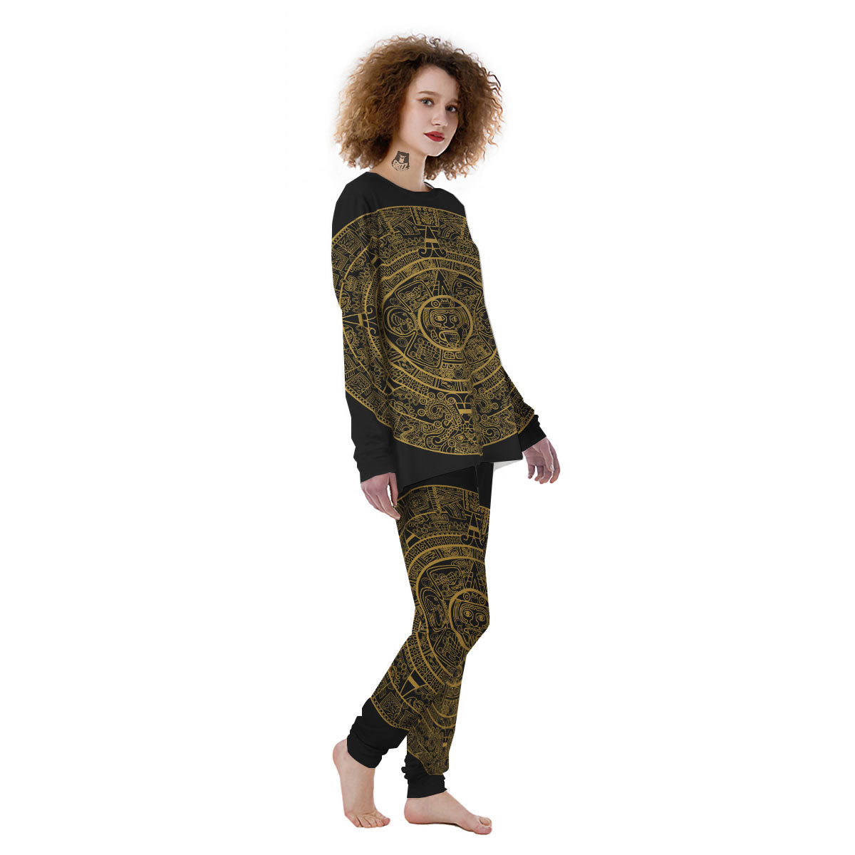 Maya Calendar Yellow And Black Print Women's Pajamas-grizzshop