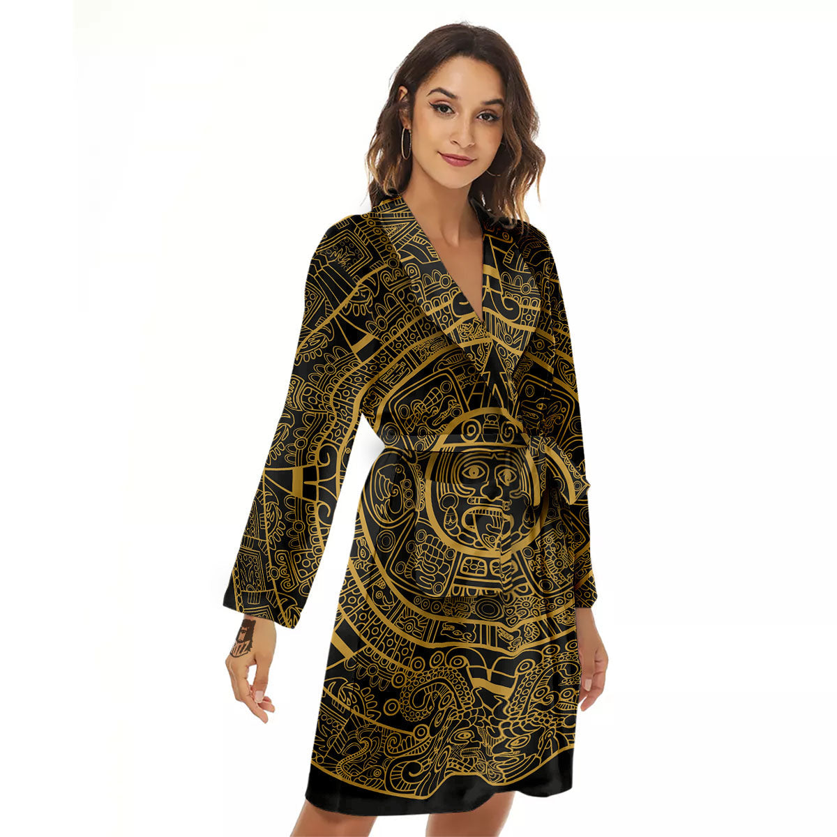 Maya Calendar Yellow And Black Print Women's Robe-grizzshop