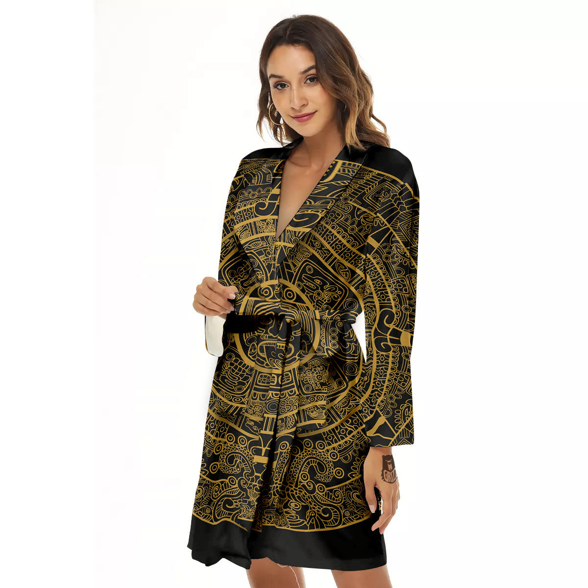 Maya Calendar Yellow And Black Print Women's Robe-grizzshop