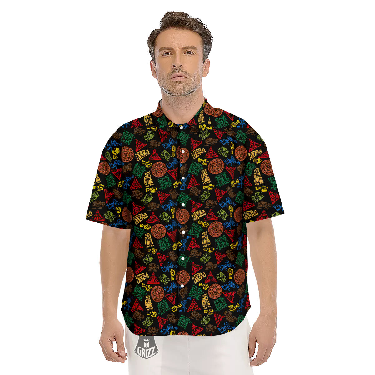 Maya Colorful Print Pattern Men's Short Sleeve Shirts-grizzshop
