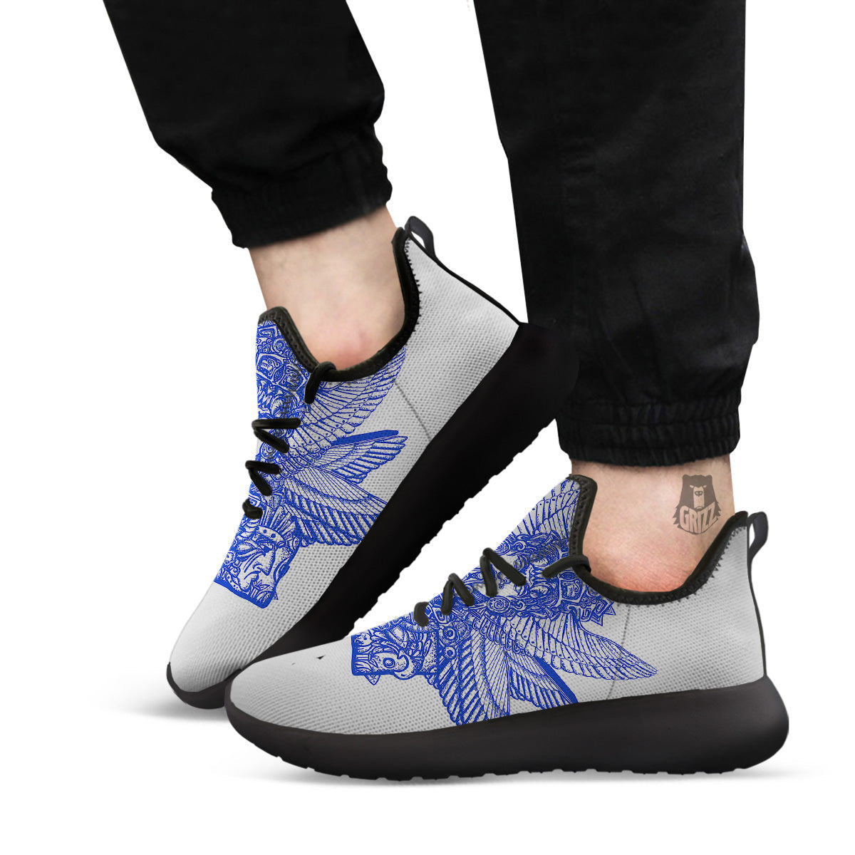 Mayan Statue White And Blue Print Black Athletic Shoes-grizzshop