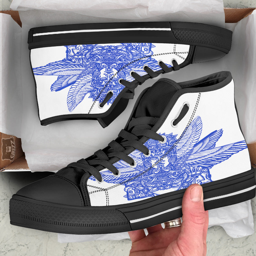 Mayan Statue White And Blue Print Black High Top Shoes-grizzshop