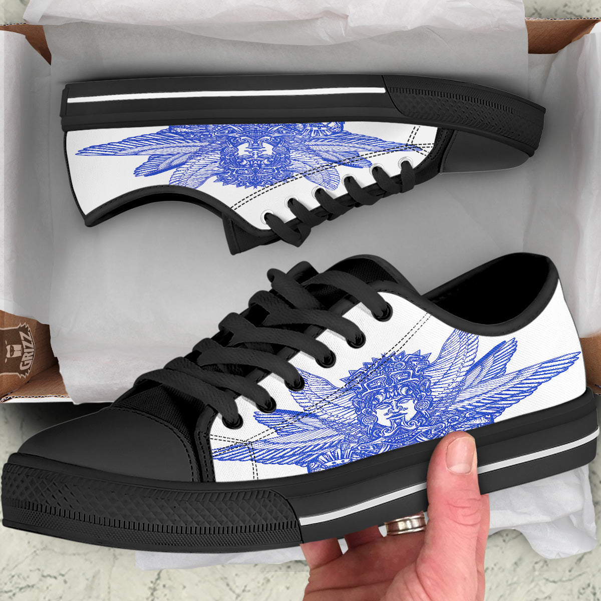 Mayan Statue White And Blue Print Black Low Top Shoes-grizzshop