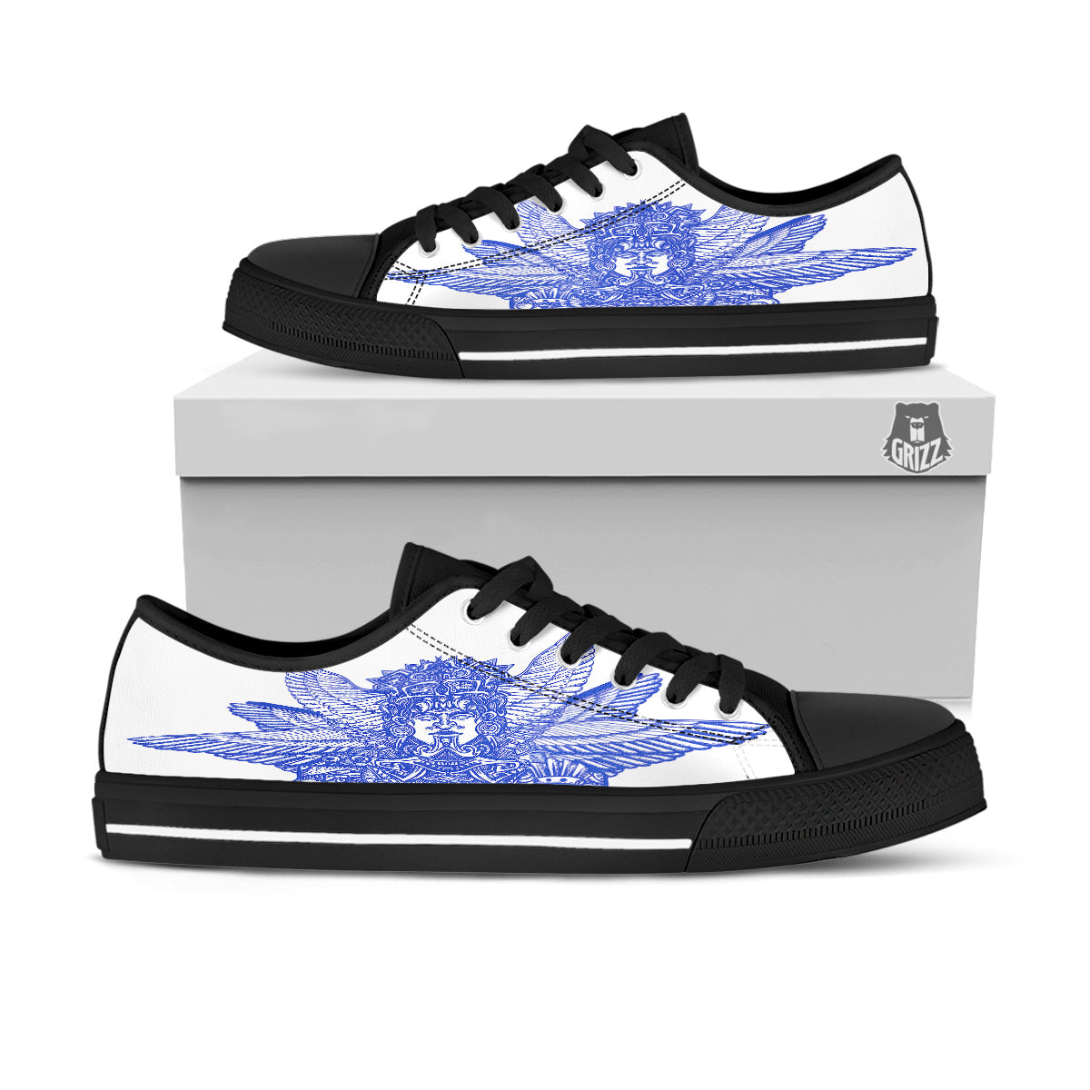 Mayan Statue White And Blue Print Black Low Top Shoes-grizzshop