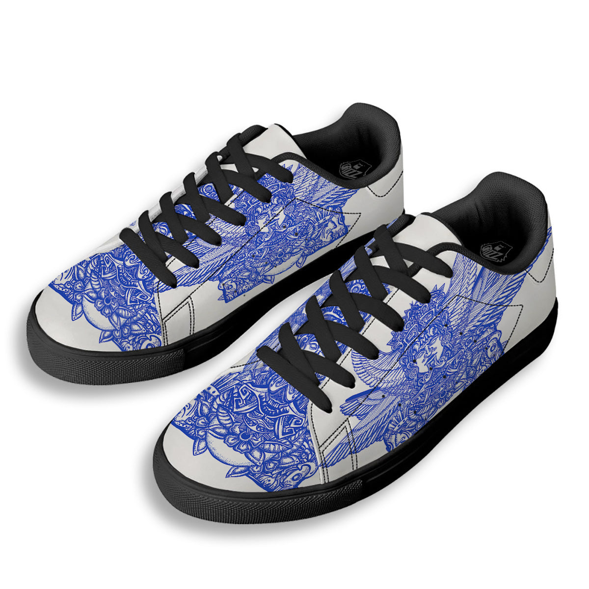 Mayan Statue White And Blue Print Black Low Top Sneakers-grizzshop