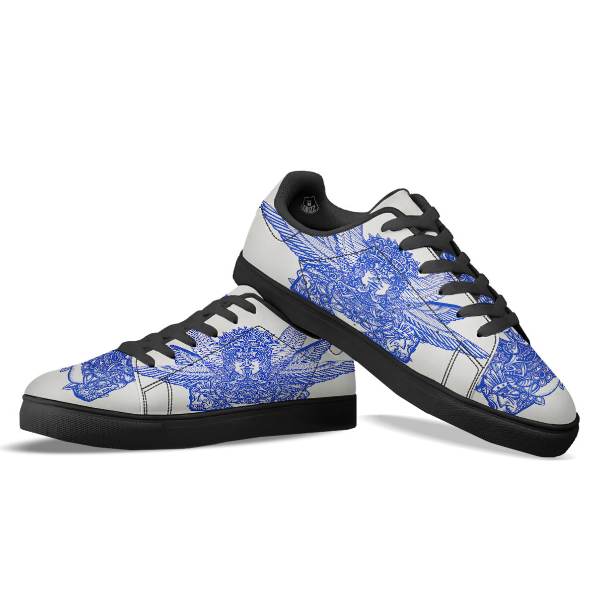 Mayan Statue White And Blue Print Black Low Top Sneakers-grizzshop