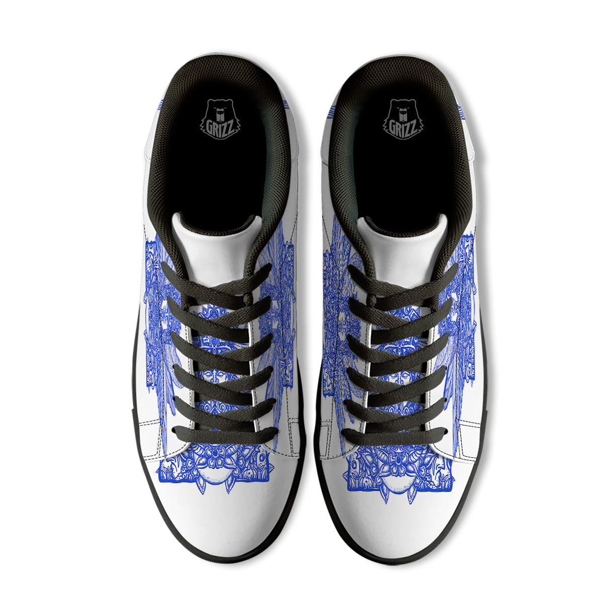 Mayan Statue White And Blue Print Black Low Top Sneakers-grizzshop