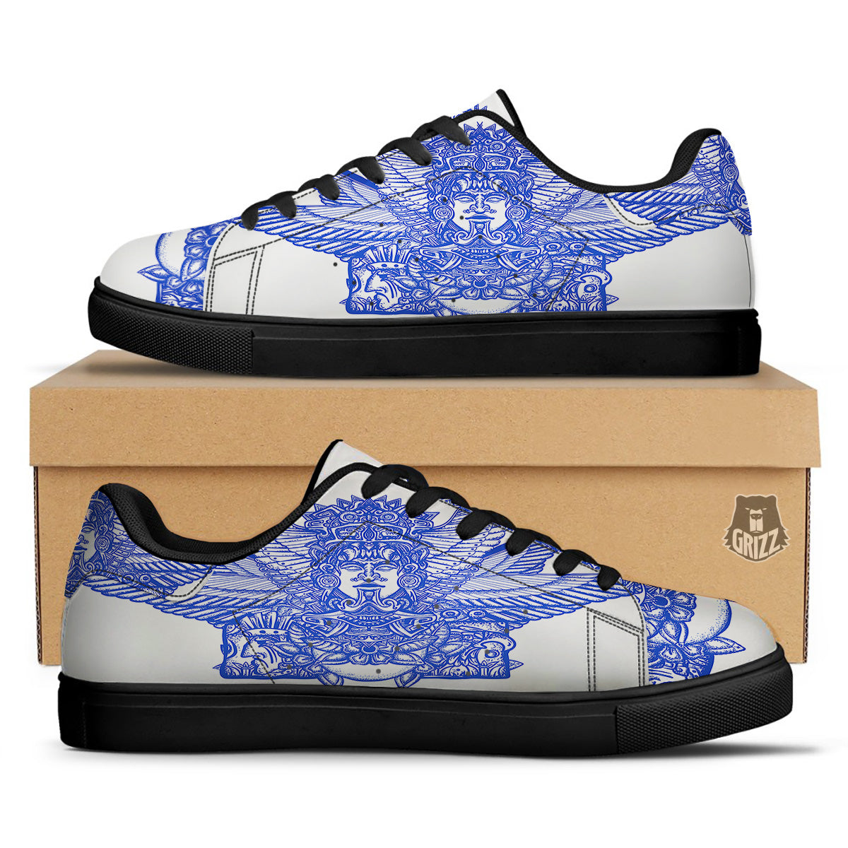 Mayan Statue White And Blue Print Black Low Top Sneakers-grizzshop