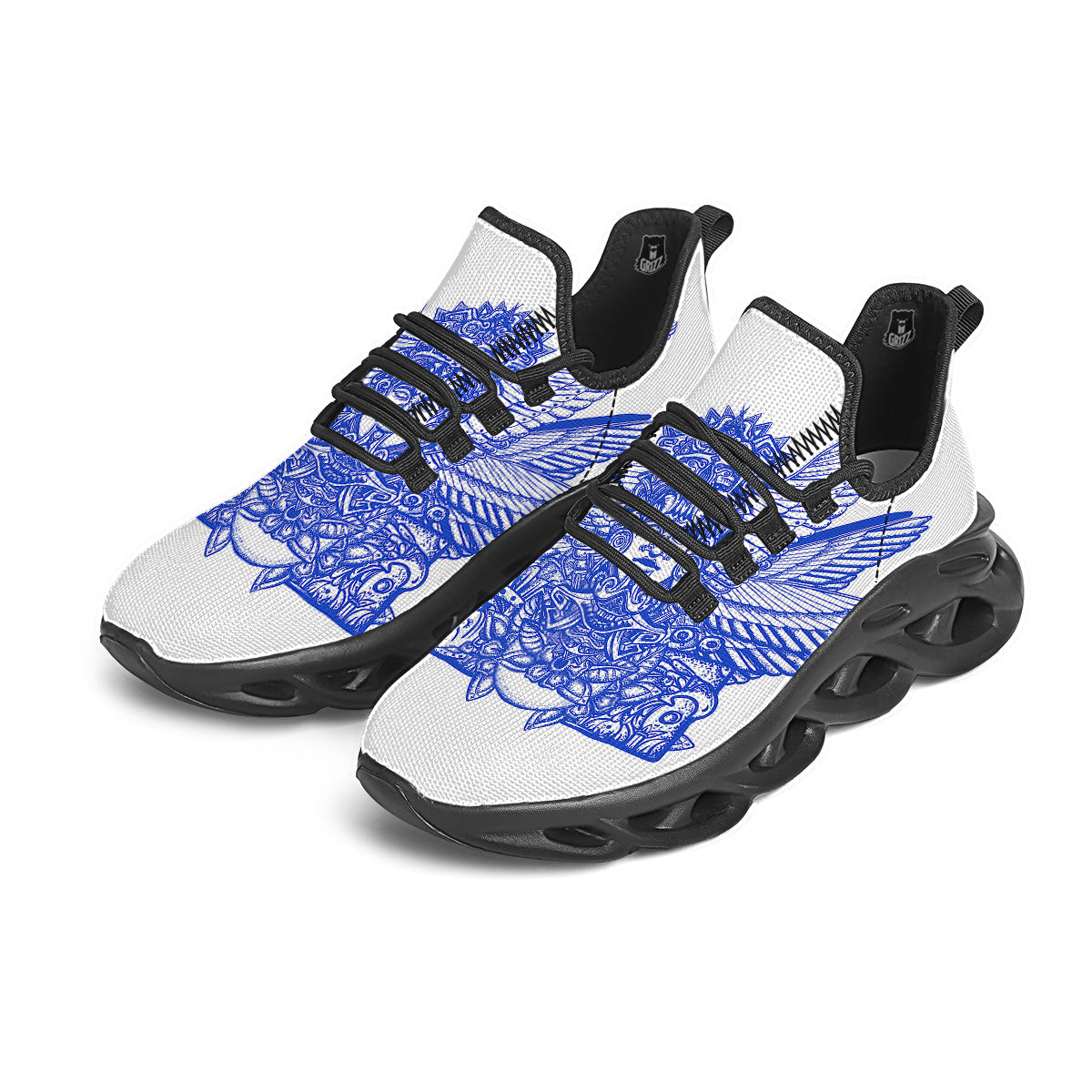 Mayan Statue White And Blue Print Black Running Shoes-grizzshop