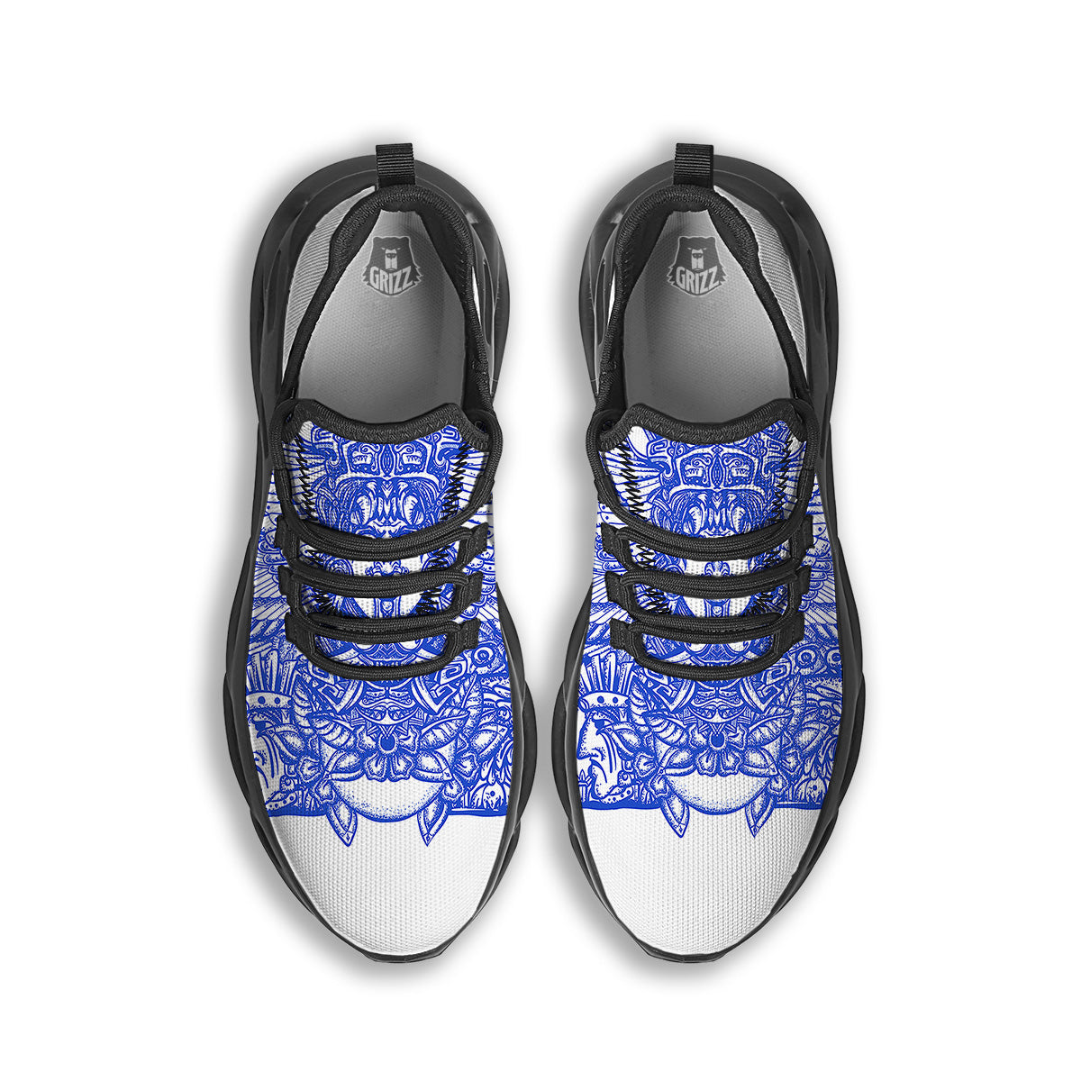 Mayan Statue White And Blue Print Black Running Shoes-grizzshop